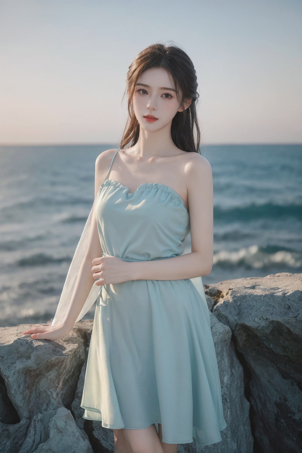 best quality,HDR,UHD,8K,Vivid Colors,solo,medium-shot,(1girl:1.5),(standing:1.3),from front,soft light,(looking at viewer:1.6),Elegant,detailed gorgeous face,<lora:add_detail:0.5>,(sea background:1.1),cowboy shot,, rc,starry sky print,  <lora:美女1.0:1>