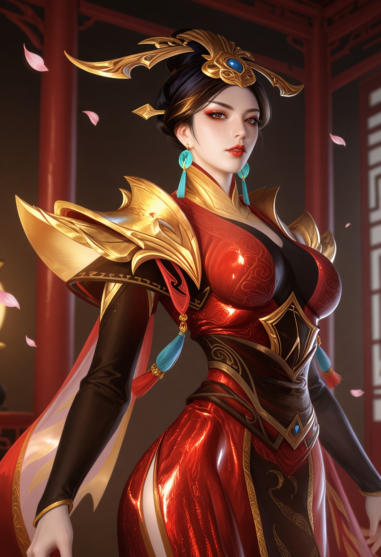 (cowboy shot:1.2),looking at viewer:1.1,masterpiece,(best quality),smog,Dark room,dim lighting,peach blossom,falling petals,<lora:YQ_Illustrious光辉v5_芈月_V1:0.8:lbw=1,1,1,1,1,1,1,1,1,0.8,0.8,0.1>,q1528437228,1girl,earrings,jewelry,solo,hair ornament,dress,red dress,makeup,red lips,brown hair,black hair,armor,eyeshadow,chinese clothes,long sleeves,shoulder armor,brown eyes,red eyes,hair bun,single hair bun,tassel,