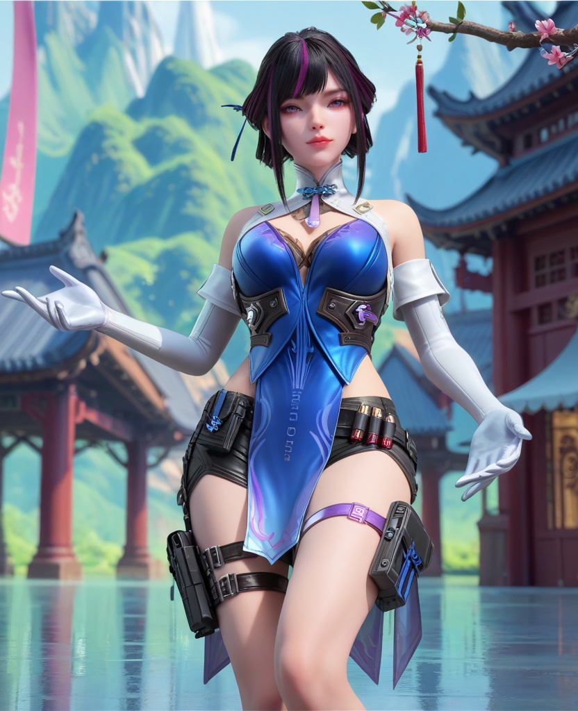 (oriental architecture, elegant decor, sophisticated style:1.1),((dynamic pose):1.1),(breasts:1.2),<lora:XL16穿越火线虹儿潜伏者:0.95>,miss honger,blue corset,black lace bra,purple eyes,half updo with sidelocks,black hair,streaked hair,white glove sleeves,white collar,sash,black shorts,blue pelvic curtain,thigh strap,, score_9,score_8_up,score_7_up,score_6_up,score_5_up,score_4_up,3d rendering,tag1,tag2, Cinematic Lighting,backlighting,, zPDXL3, zPDXL2,zPDXL, zPDXLxxx, zPDXLrl,