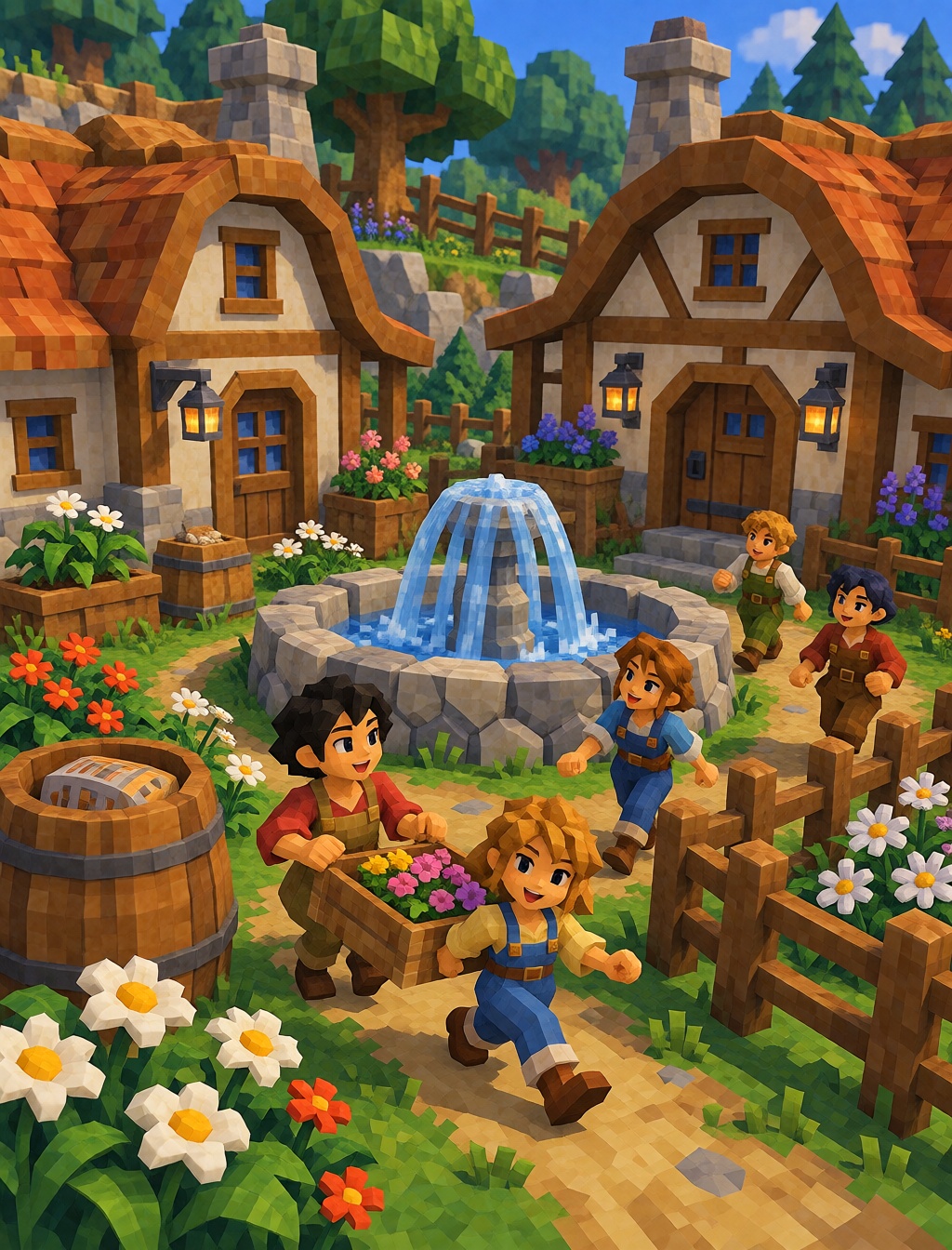 A small cozy village with round-roof houses,  wooden fences,  a fountain in the center on Tensor.Art