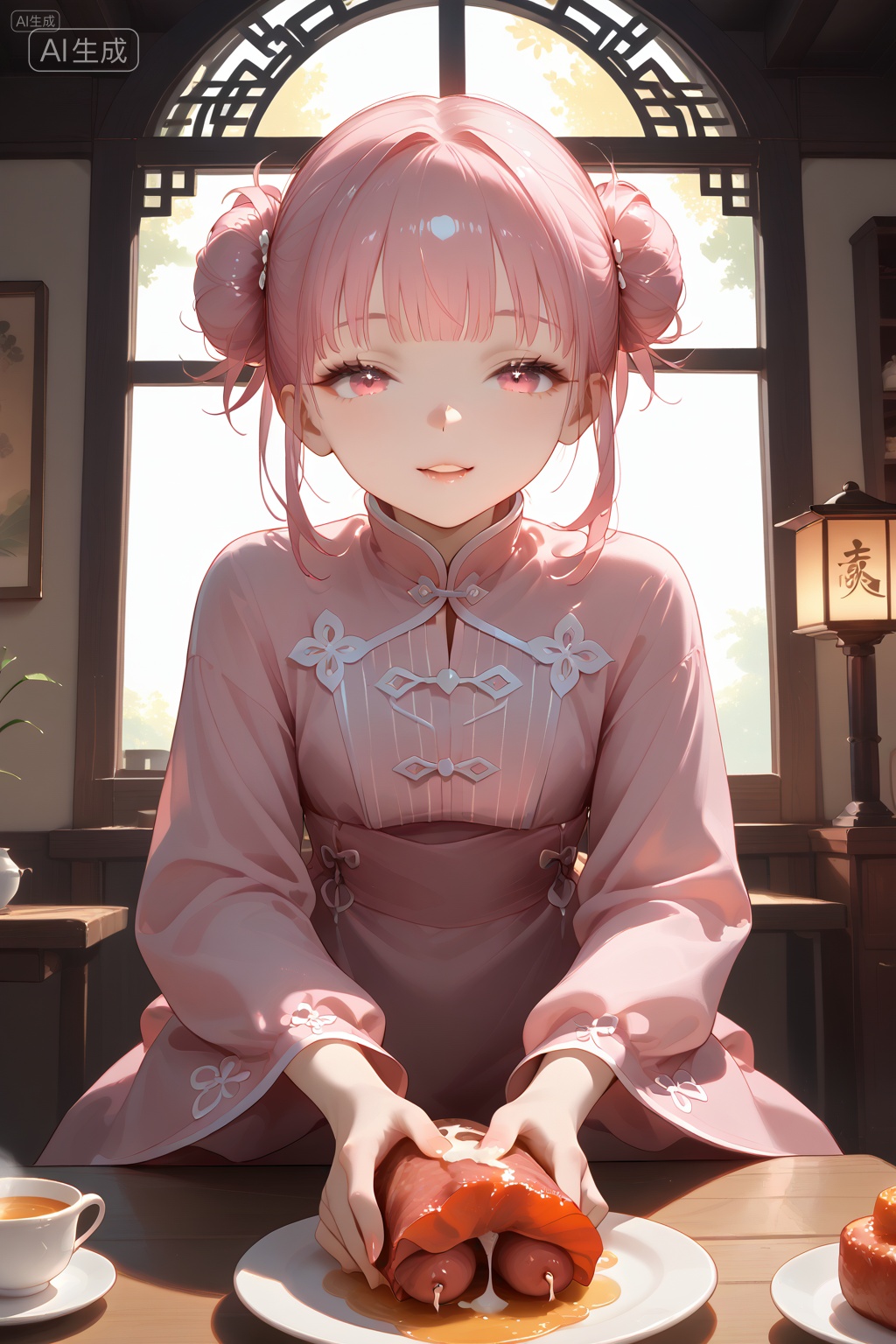 Detail enhancement,Anime movie quality,8K resolution,ultra-high-definition details,a delicate and beautiful Chinese girl,white twin-buns hairstyle,pink silk cheongsam,sitting at a vermilion wood table filled with bamboo steamers,steam effects swirling around,holding a meat bun with a bite taken out of it,interior scene of a Chinese tea house,warm golden morning light filtering through carved wooden windows,cinematic lighting quality,dynamic perspective,pastel pink tone,ultra-fine facial expressions.,, Negative prompt: ng_deepnegative_v1_75t,(badhandv4:1.2),EasyNegative,(worst quality:2),,nsfw, Steps: 20, Sampler: Euler a, CFG scale: 7.0, Seed: 858584340, Size: 1024x1536, Model hash: a3aeb59bbf, Model: 星美pony_写实动漫插画大模型_1.0.safetensors, Denoising strength: 0.0, Clip skip: 2, ENSD: 31337, RNG: CPU, vae_name: automatic