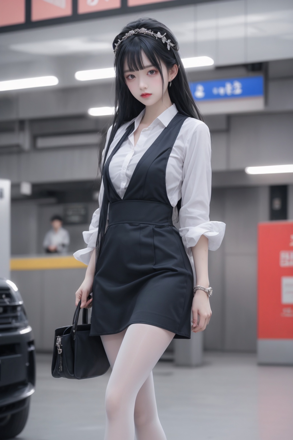 (raw photo:1.4),(photorealistic:1.3),(masterpiece),best quality,highest quality,extremely detailed CG unity 8k wallpaper,detailed and intricate,original,highres,\\,(16yo),extremely detailed_eyes,fingernails,sexy,medium breasts,(eyeliner:0.5),(blush:0.5),black hair,long hair,bangs,looking at viewer,solo,\\,office lady,suits,white shirt,striped miniskirt,(20D black pantyhose),[[[black heels]]],LV bags,focus legs,\\,street,subway station,shop border,akihabara \(tokyo\),shibuya \(tokyo\),shinjuku \(tokyo\),\\,beautifully detailed background,depth of field,loli:0.1,realistic:1.3,(ambient light:1),(neon lights:0.1),(HDR:1),(Studio Lighting:1.5),(pantyshot:1.2),from below,