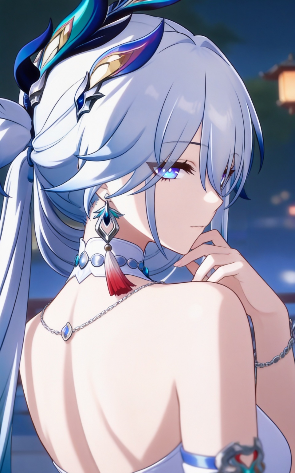 depth of field,masterpiece,best quality,very aesthetic,alternate costume,alternate costume,2024,2023,perfect composition,ultra-detailed,extreme aesthetic,masterpiece,best quality,good quality,newest,year 2024,year 2023,very aesthetic,absurdres,looking_at_viewer,colorful,<lora:爻光·衣服百搭款ILL:0.8>,yaoguang \(honkai: star rail\),white hair,long hair,pony-tail,streaked hair,blue hair,hair ornament,earrings,single earring,tassel earrings,hair between eyes,blue eyes,