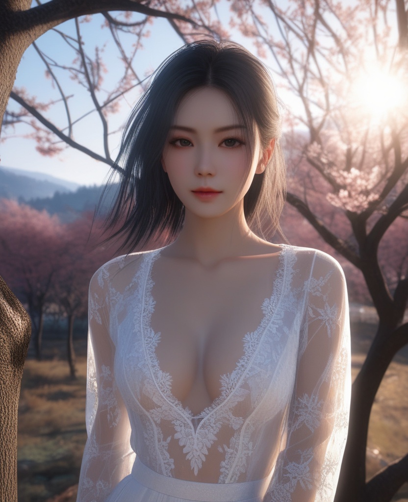<lora:609-DA-XL-天行九歌-焰灵-水中:0.8>(,1girl, ,best quality, ),looking at viewer,  ,, ultra detailed background,ultra detailed background,ultra realistic 8k cg,,masterpiece, (( , )), fiction,mole,  ,     ,see-through, lace, (cleavage),(((, solo, sun, , bare_tree, )))