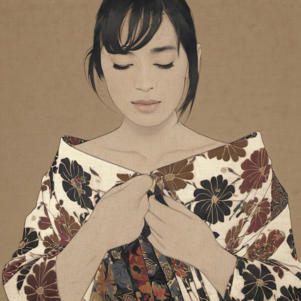 <lora:ukiyo-e_xl_v2:1>,1girl, solo, short_hair, bangs, black_hair, closed_eyes, upper_body, japanese_clothes, kimono, lips, sash, floral_print, brown_background, white_kimono, realistic, print_kimono, a portrait of a woman with her eyes closed, She has a serene expression and is wearing a traditional garment with intricate patterns, The garment is primarily in shades of white and brown and black and with floral motifs, The woman's hair is dark and she is holding onto the collar of her garment with both hands, The background is a muted beige or light brown and which contrasts with the vibrant colors of the garment, There's also a signature or mark at the bottom left corner, which might be the artist's signature, woman, eyes, closed, serene, traditional garment, intricate patterns, shades of white, brown, black, floral motifs, hands, collar, signature, mark