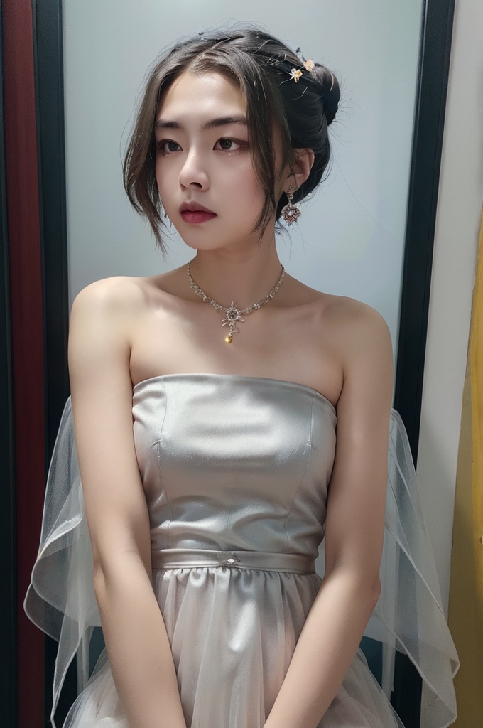 Textured skin,skin particles,masterpiece,best quality,8K,official art,ultra high res,1girl,chinese clothes,hanfu,jewelry,hair ornament,upper body,solo,earrings,flower ocean,remains,flower,black hair,necklace,teeth,hair bun,dress,parted lips,hair flower,((full body)),dress,hanfu,embroidery,exquisite,meticulous,(tulle:1.4),