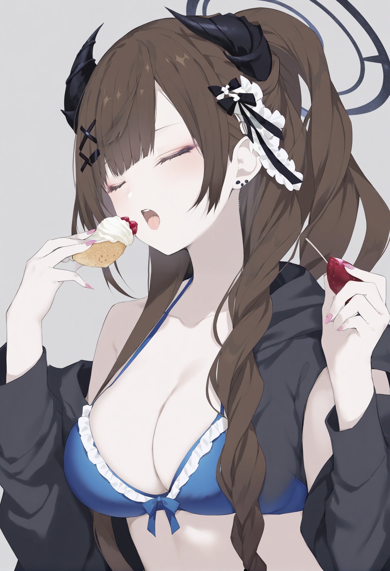 masterpiece, best quality,1girl,   food, solo, braid, ribbon, long hair, hair ribbon, horns, open mouth, bikini, looking at viewer, breasts, multicolored hair, swimsuit, black hair, brown hair, blush, bare shoulders, nail polish, cleavage, collarbone, upper body, hair ornament, very long hair, bikini skirt, ponytail, twintails, closed eyes, two-tone hair, hoodie, hairclip, holding food, eating, bare arms, halo, frills, blue bikini, single braid, hood, simple background, holding, large breasts, pink nails, stomach <lora:kotrou020XLlokr8f-000180:0.95>