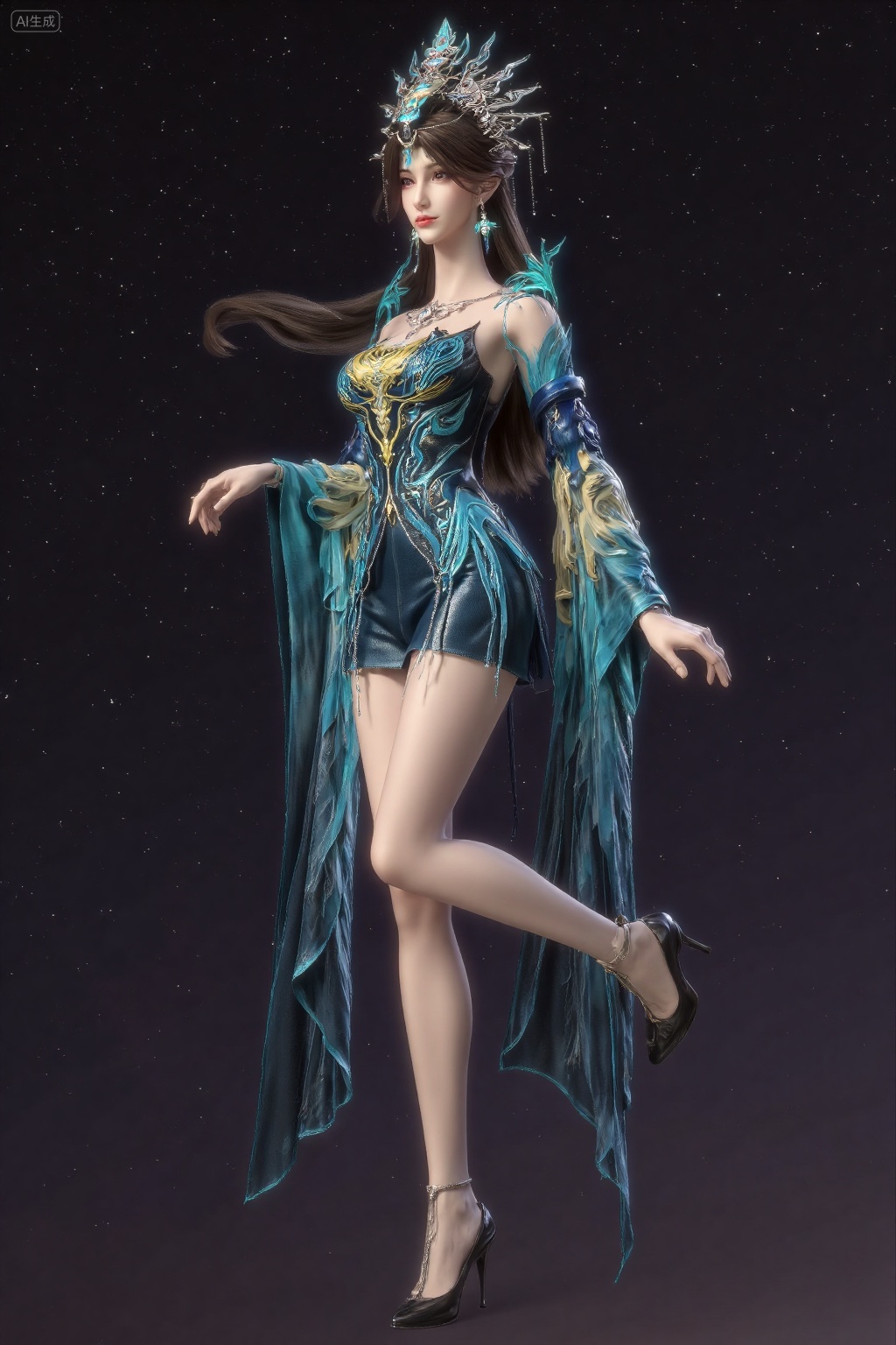 Digital CGI artwork of a slender,fair-skinned woman with long brown hair,wearing an ornate,flowing blue and gold dress with intricate patterns,and a matching headpiece. She poses gracefully against a starry night sky background,exuding elegance and ethereal beauty.,, masterpiece,best quality,astonishing quality,ultimate aesthetics,absurd,best quality,ultimate aesthetics,masterpiece,emotional masterpiece,extraordinary above all,mastery of details,, Negative prompt: ng_deepnegative_v1_75t,(badhandv4:1.2),EasyNegative,(worst quality:2),,nsfw, Steps: 30, Sampler: DPM++ 2M, CFG scale: 3.5, Seed: 1974272356, Size: 1024x1536, Model hash: 062dad72b2, Model: 麦橘超然majicFlus_v1.safetensors, Denoising strength: 0, RNG: CPU, Lora 1: 20250818-1755535685144-0013, Lora Hash 1: 68527fd6dd, Lora Weight 1: 1.0, vae_name: automatic