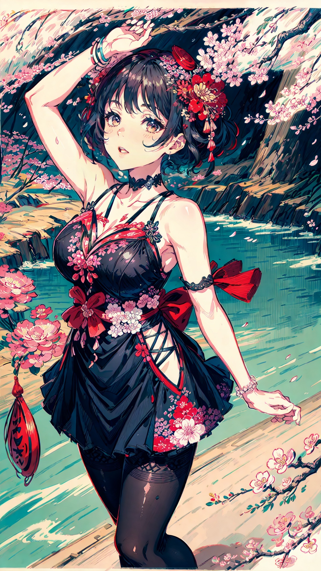 tutututu, breasts, medium breasts, see-through, underwear, lingerie, skirt,black pantyhose, (masterpiece:1.0), (best quality:1.0), ((highly intricate details)), Katsushika Hokusai-inspired illustration art, bustling urban scene with a woman in a dress, cherry blossom trees in full bloom, energetic and dynamic brushwork, lively and vivid color palette, a celebration of seasonal beauty and the joy of life, intricate details and patterns, a sense of movement and vitality, an homage to the everyday charm and vibrancy of Hokusai's artistic style, <lora:add_detail:0.55> <lora:tutucs_v1:0.85>