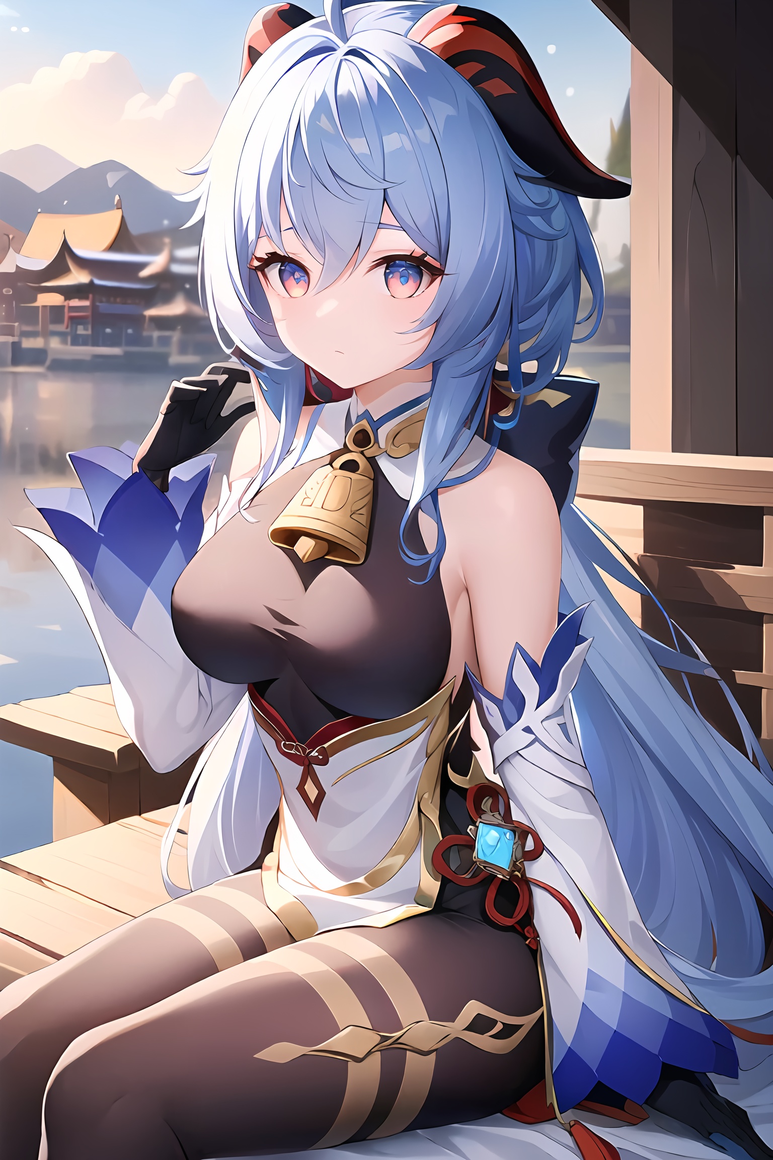 (masterpiece, best quality:1.2),insanely detailed,absurdres,ultra-highres,ultra-detailed,best quality,slender,kawaii,perfect symmetrical face,ultra cute girl,ultra cute face,ultra detailed eyes,ultra cute,ultra beautifu,<lora:ganyu_all-000001:1>,day,street,ganyu \(frostdew trail\),ganyu \(genshin impact\),backless outfit,black bodysuit,long hair,black bodystocking,white elbow gloves,detached sleeves,gloves,black pantyhose,bare shoulders,breasts,gold trim,chinese knot,tassel,1girl,solo,neck bell,looking at viewer,:o,sitting,