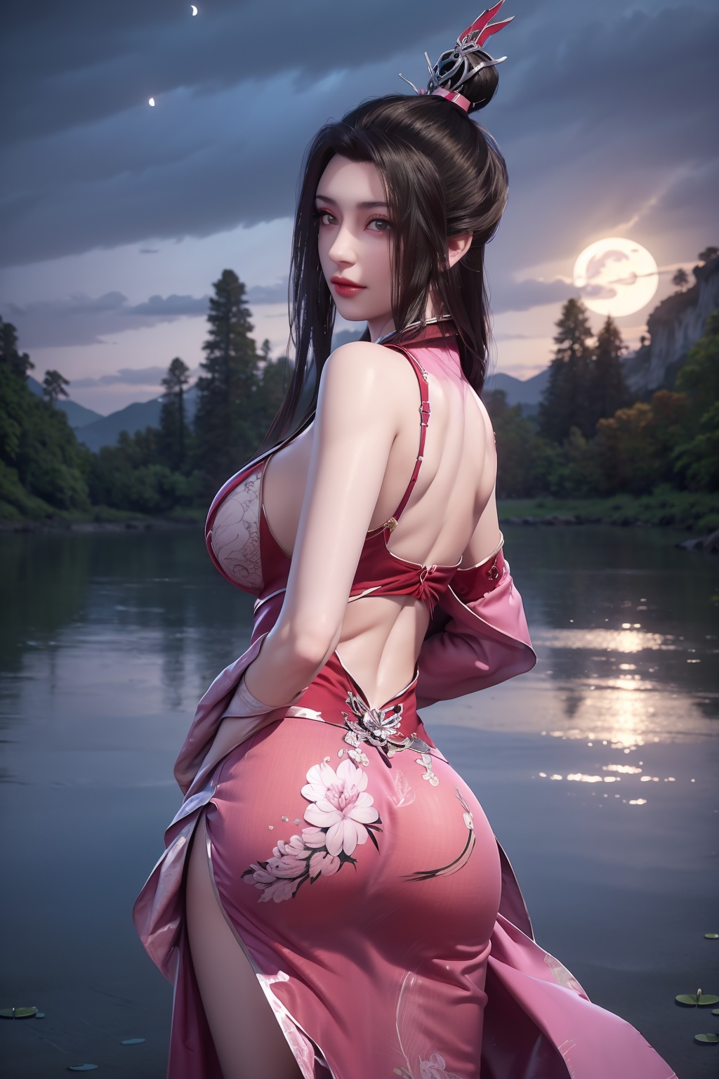 standing,dress,chinese clothes,flower,full_moon,moon,night,lily_pad,lotus,moonlight,nipples,water,night_sky,lily_\(flower\),sky,partially_submerged,1girl,solo,hair ornament,realistic,nail polish,photo_\(medium\),(big breasts,cleavage),makeup,(8k, RAW photo, best quality, masterpiece:1.2),(realistic, photorealistic:1.3),ultra-detailed,extremely detailed cg 8k wallpaper,(crystalstexture skin:1.2),extremely delicate and beautiful,(sexy pose:1.2),ass,from behind,(looking back:1.5),bent over,hair ornament,