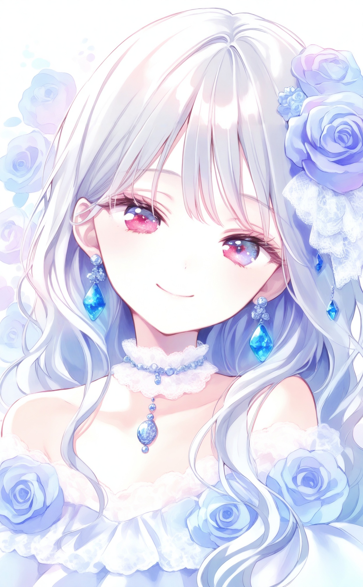 masterpiece,absurdres,best quality,loli,petite,high quality,//,1girl,flower,solo,jewelry,earrings,blue_flower,hair_ornament,hair_flower,smile,looking_at_viewer,rose,long_hair,blue_rose,closed_mouth,choker,head_tilt,dress,white_choker,gem,lace_trim,pink_eyes,blue_gemstone,bare_shoulders,floral_background,white_hair,upper_body,red_eyes,collarbone,blue_hair,wavy_hair,portrait,grey_hair,white_background,lace_choker,multicolored_eyes,lace,off_shoulder,purple_eyes,necklace,off-shoulder_dress,lace-trimmed_choker,//,<lora:chun_paretto2——【noob】hans:1>,