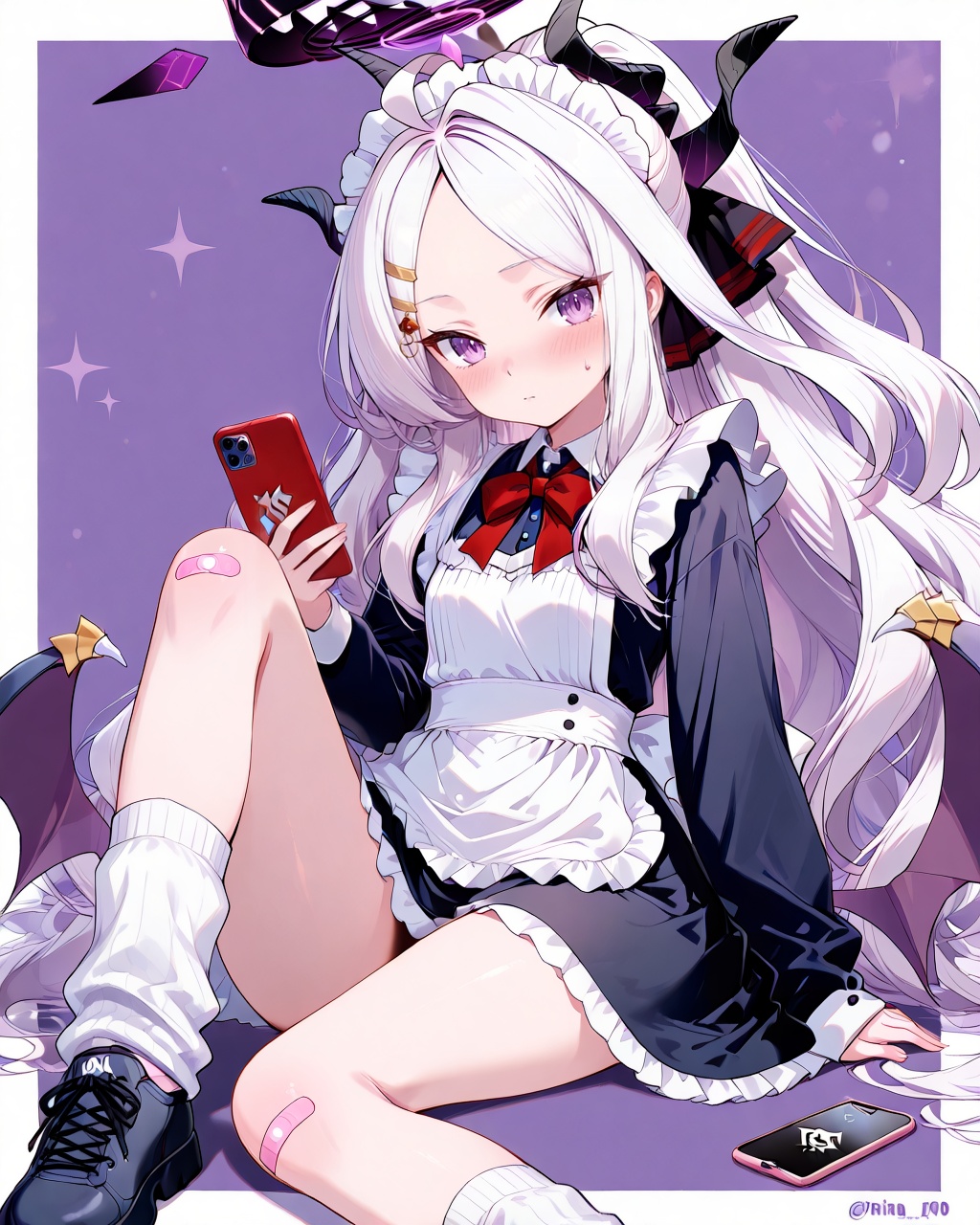 Hina (Blue Archive),O,Hina \(Blue Archive\), 1girl, hina, (blue archive), solo, long hair, halo, phone, horns, hair ornament, purple eyes, apron, cellphone, white hair, shoes, long sleeves, hairclip, parted bangs, holding, maid, sitting, socks, wings, holding phone, bangs, demon wings, loose socks, looking at viewer, maid headdress, bandaid, ahoge, smartphone, bandaid on knee, alternate costume, demon horns, white socks, blush, maid apron, frills, skirt, bandaid on leg, enmaided, sidelocks, twitter username, very long hair, black footwear, low wings, bowtie, bow, sneakers, demon girl, multiple horns, frilled apron, sleeves past wrists, shirt, forehead, white apron, purple background, red bow, ponytail, red bowtie, black skirt, sweatdrop, knees up, border, thighs, ribbon, two-tone background, collared shirt(UHD),anatomically correct,accurate,textured skin,super detail,high details,award winning,best quality,high quality,retina,HD,16k,1080P,
