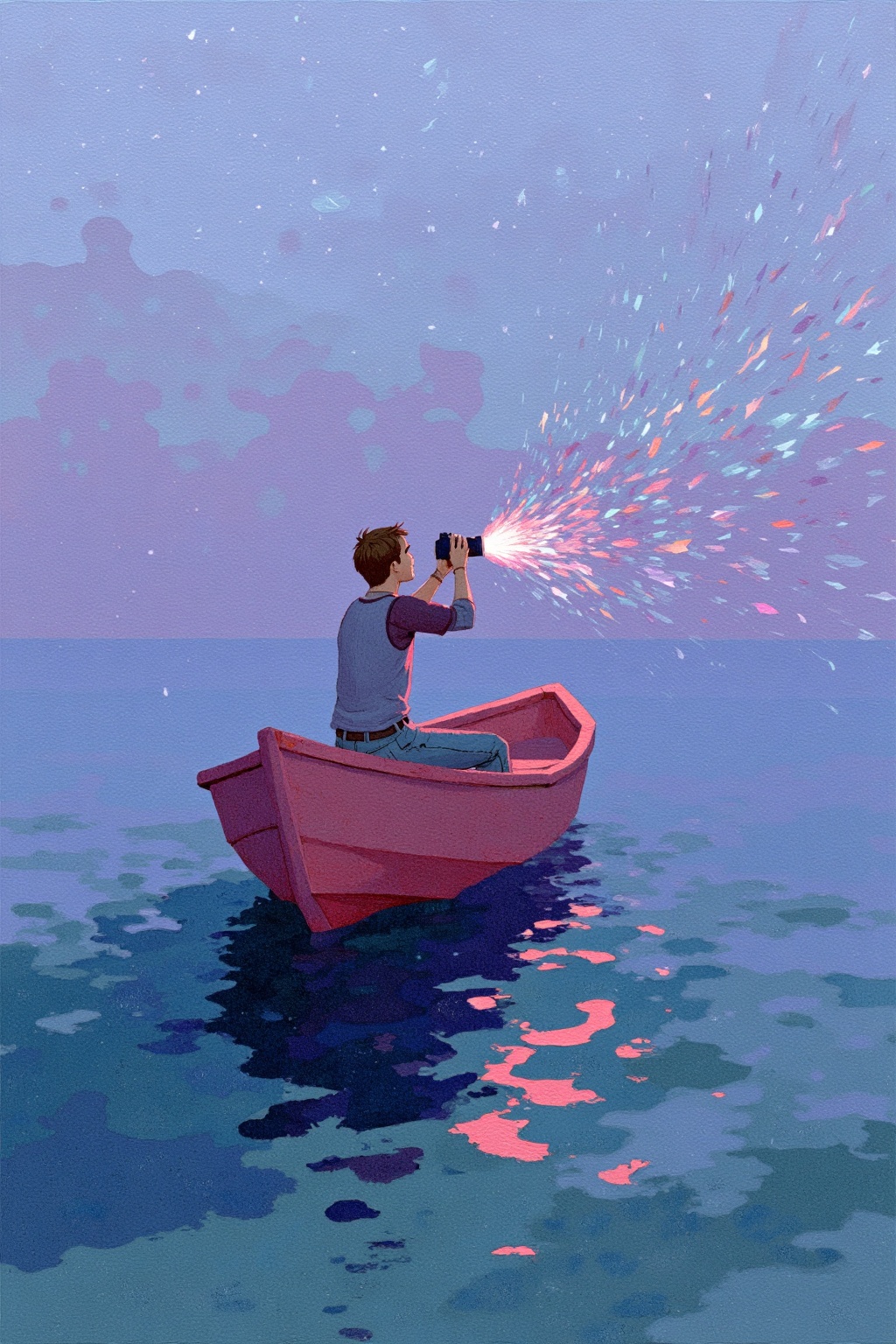beijihui,a man is seated on a red boat, holding a camera in his right hand and aiming it towards the sky. The boat is floating on a body of water, creating a vibrant and colorful backdrop. The man's body is adorned with a gray long-sleeved shirt and a brown short-sleeve shirt. His hair is short and brown, and he is wearing a pair of jeans. The water is a deep blue, with a few small rocks scattered across it. The sky is a mix of purple, blue, and green, and there are a few white stars in the sky, adding a pop of color to the scene.