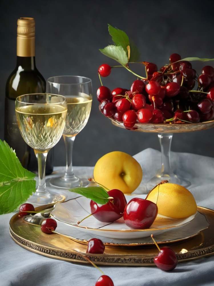 xingudian,food,fruit,no humans,drinking glass,cup,food focus,still life,table,tablecloth,realistic,plate,wine glass,cherry,grey background,masterpiece,8K,realistic,UHD,<lora:xingudian 1.0:1>,