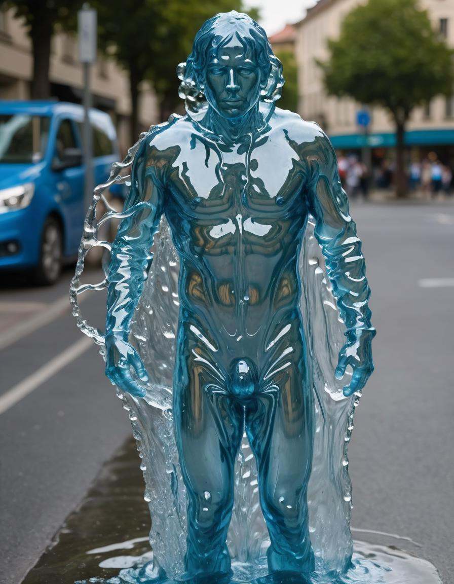 portrait of a water man (made of water:1.4) standing in the street, made of fluid, transparent water