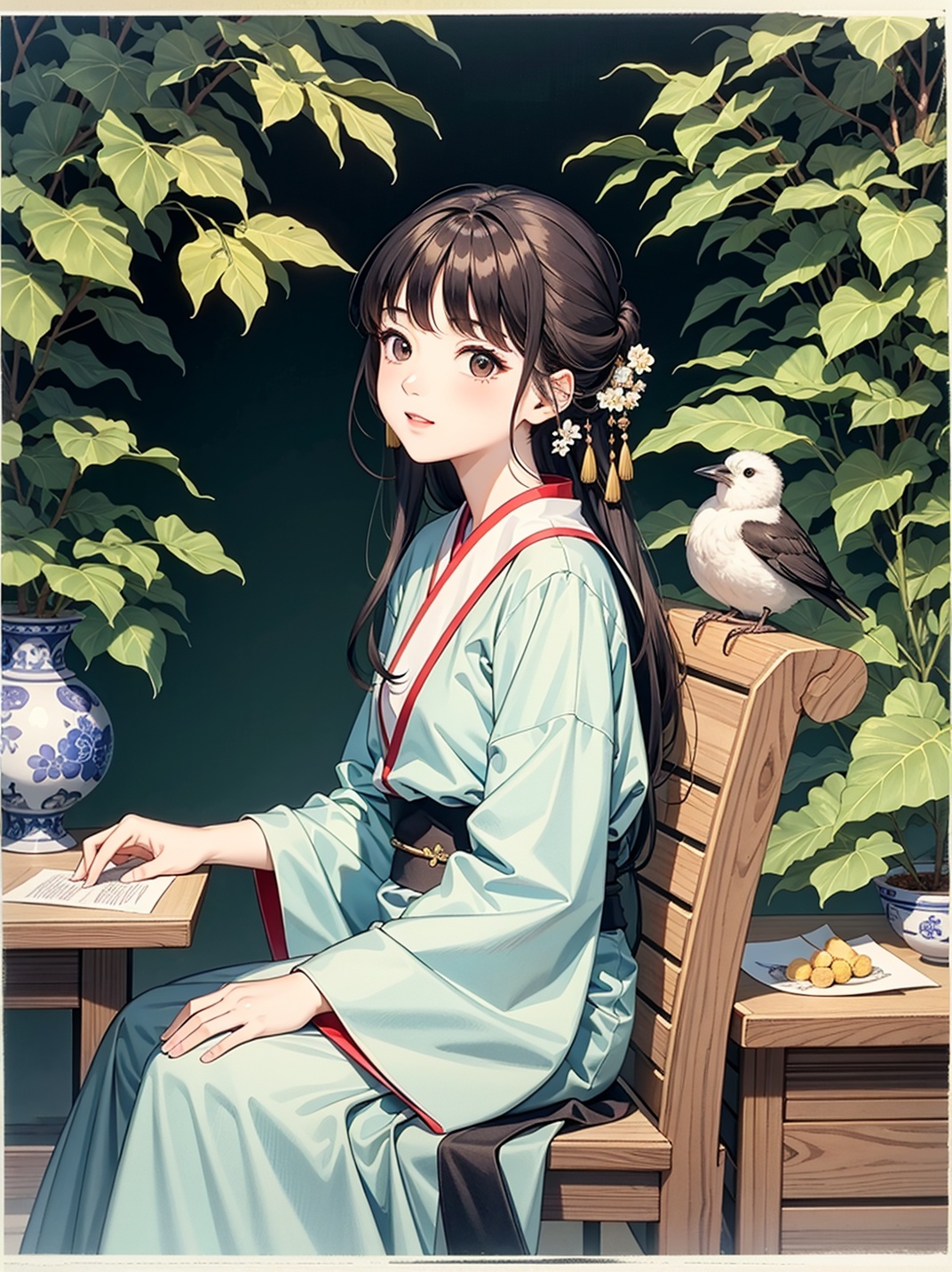 A five year old Chinese girl wearing a light blue Hanfu,very cute,with a cute and beautiful round face. She sits in front of a desk and looks up at the sky,confident,charming,antique,CG rendered,cg rendering,, A ink painting of a tranquil orchard with Chinese writing on it and a pair of birds building their nest, with a fruit-laden branch in the foreground, An Zhengwen, organic painting, a minimalist painting, art & language, ink and wash,