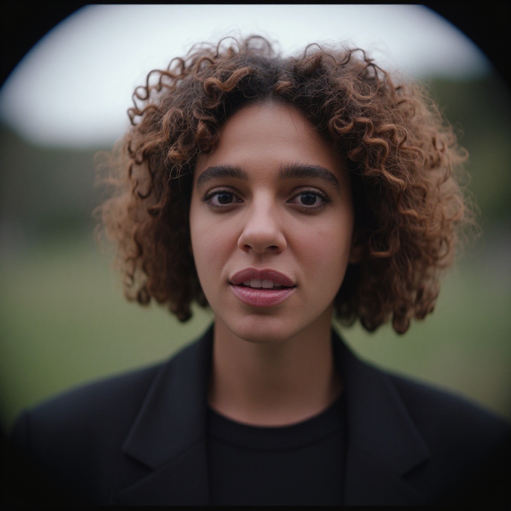 cinematic film still of Anamorphic bokeh style of a woman with a black shirt and a black jacket,  detailed style,  sharp s...