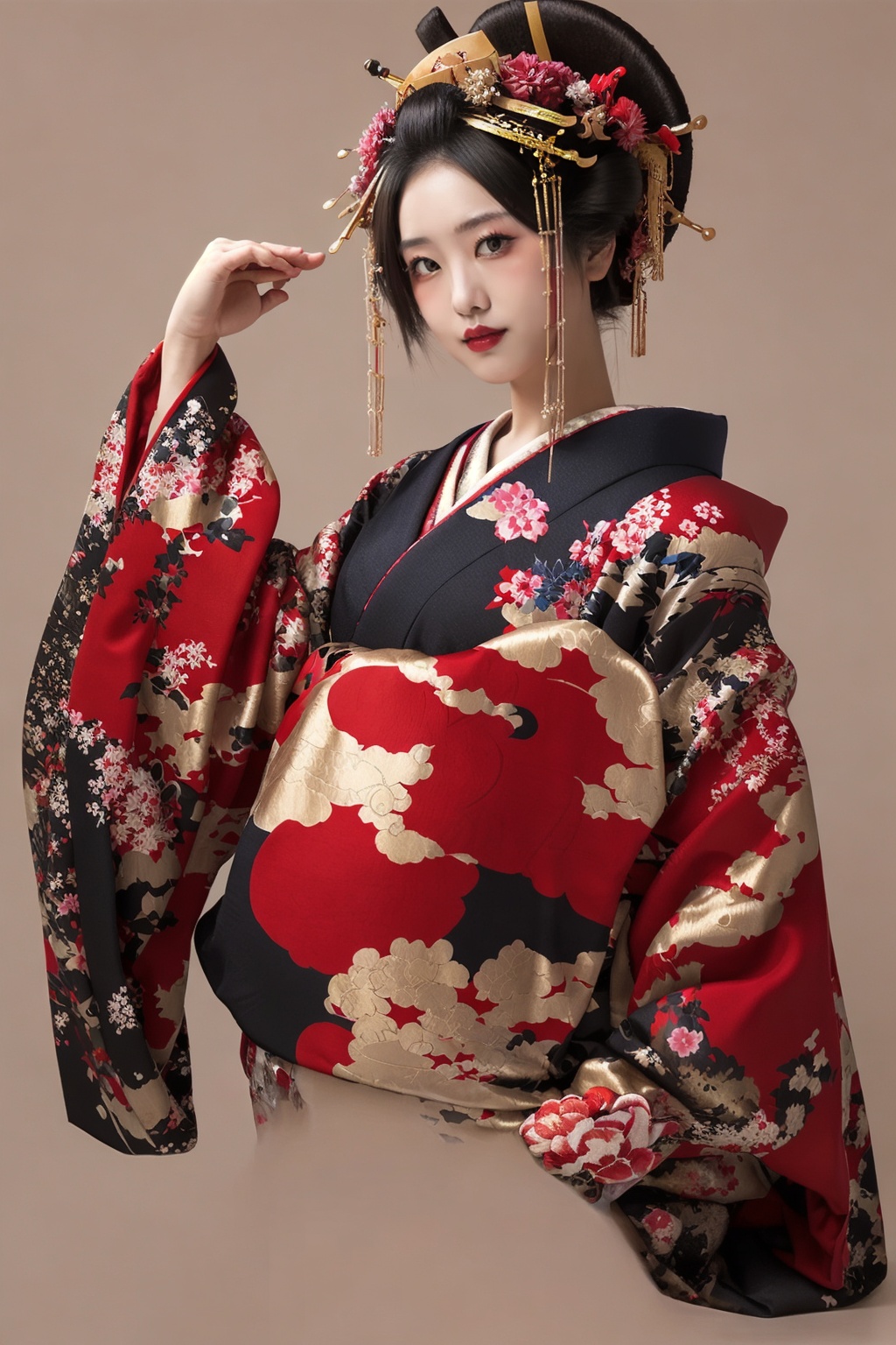 (wsoiran:1.1),1girl,oiran,headpiece,ornate,kimono,oversized clothes,facing viewer,simple background,