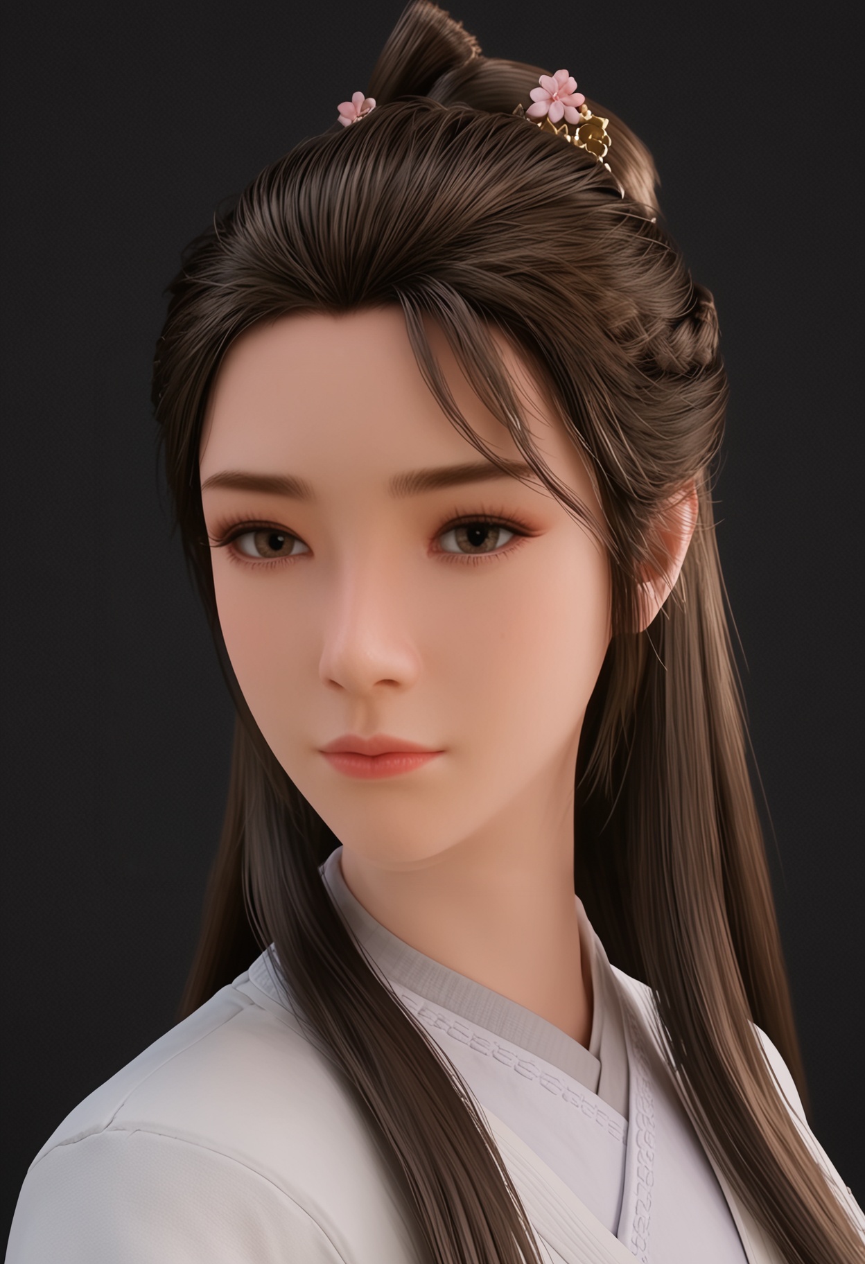 (upper_body:1.2),(looking at viewer:1.1),facing viewer,direct gaze,<lora:YQ_pony_xinruyin_V4:0.8>,q1528437228,1girl,solo,long hair,chinese clothes,hanfu,white dress,black hair,brown hair,hair ornament,brown eyes,sash,hair bun,hair flower,black eyes,braid,ponytail,forehead,jewelry,BREAK simple background,pure black background,black background,perfect anatomy,