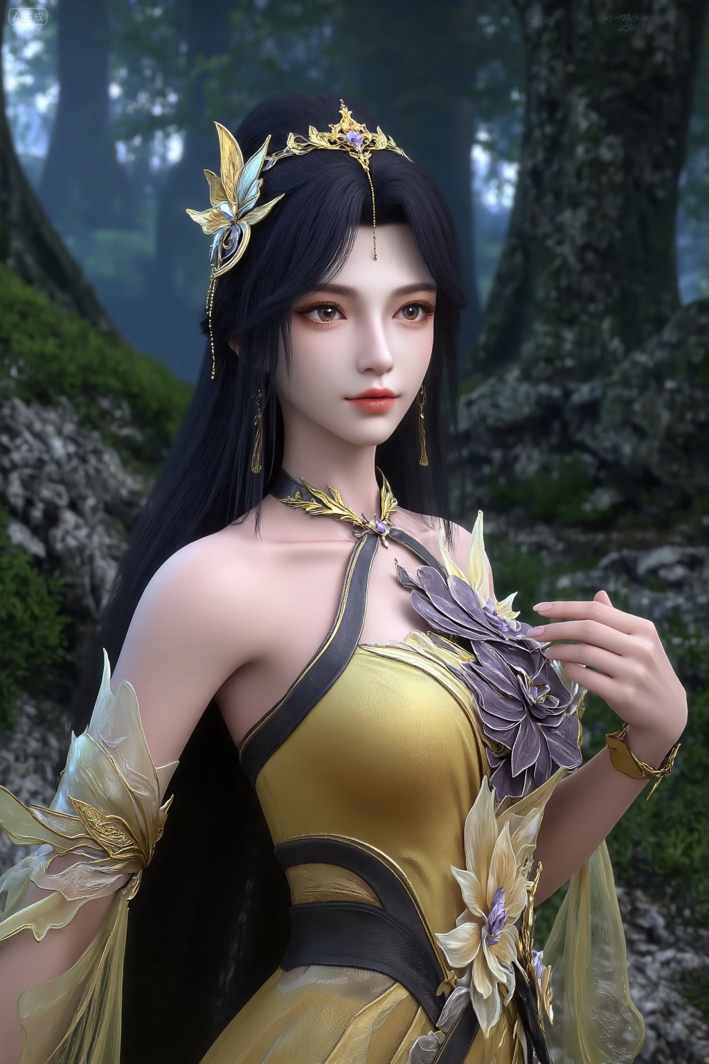 This is a highly detailed CGI rendering of a beautiful,fair-skinned woman with long,dark hair adorned with a golden crown and matching jewelry. She wears an elaborate,golden and purple floral dress,holding a similar flower. The background is a mystical forest with glowing blue light.,, best quality,astonishing quality,ultimate aesthetics,absurd,best quality,ultimate aesthetics,masterpiece,emotional masterpiece,extraordinary above all,mastery of details,, Negative prompt: ng_deepnegative_v1_75t,(badhandv4:1.2),EasyNegative,(worst quality:2),,nsfw, Steps: 30, Sampler: DPM++ 2M, CFG scale: 3.5, Seed: 2213541439, Size: 1024x1536, Model hash: 062dad72b2, Model: 麦橘超然majicFlus_v1.safetensors, Denoising strength: 0, RNG: CPU, Lora 1: 20250820-1755705975731-0010, Lora Hash 1: cf2836352b, Lora Weight 1: 1.0, vae_name: automatic