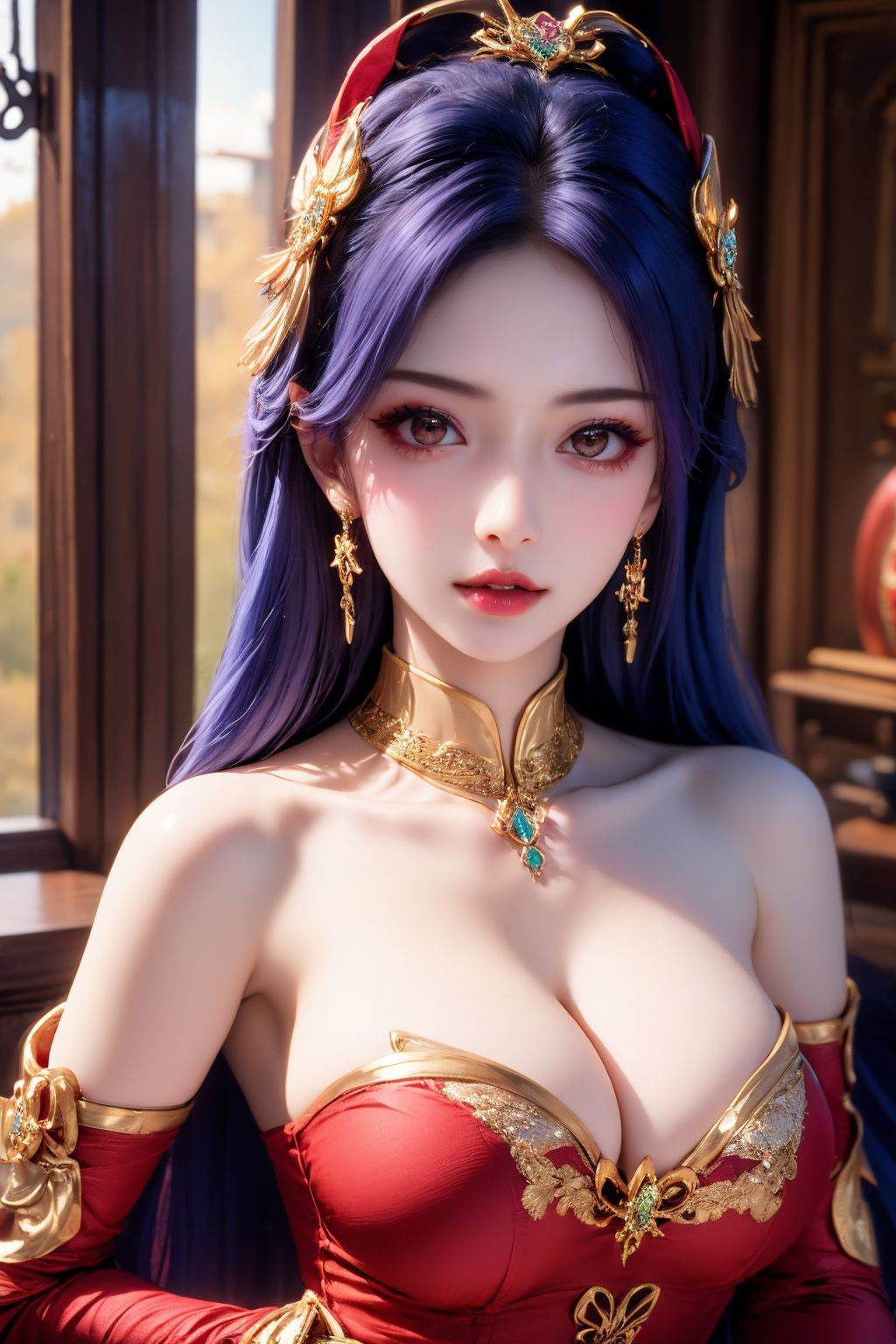 <lora:20250818_AgainAnimeGirlLora9:1>, 1girl, jewelry, breasts, dress, solo, blue hair, long hair, building, earrings, red dress, cleavage, brown eyes, parted lips, looking at viewer, hair ornament, butterfly, detached sleeves, bug, upper body