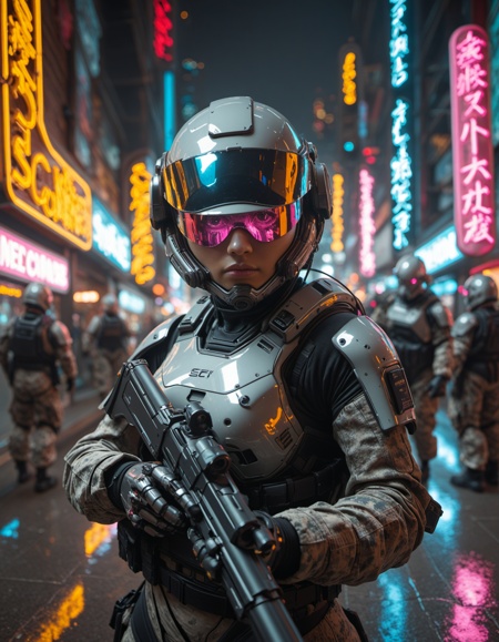 closeup portrait of stunning japanese female sc-fi soldier, helmet, mirrored visor reflecting  environment, full body, helmet removed, holding gun, neon city lights, cyberpunk, cyborg