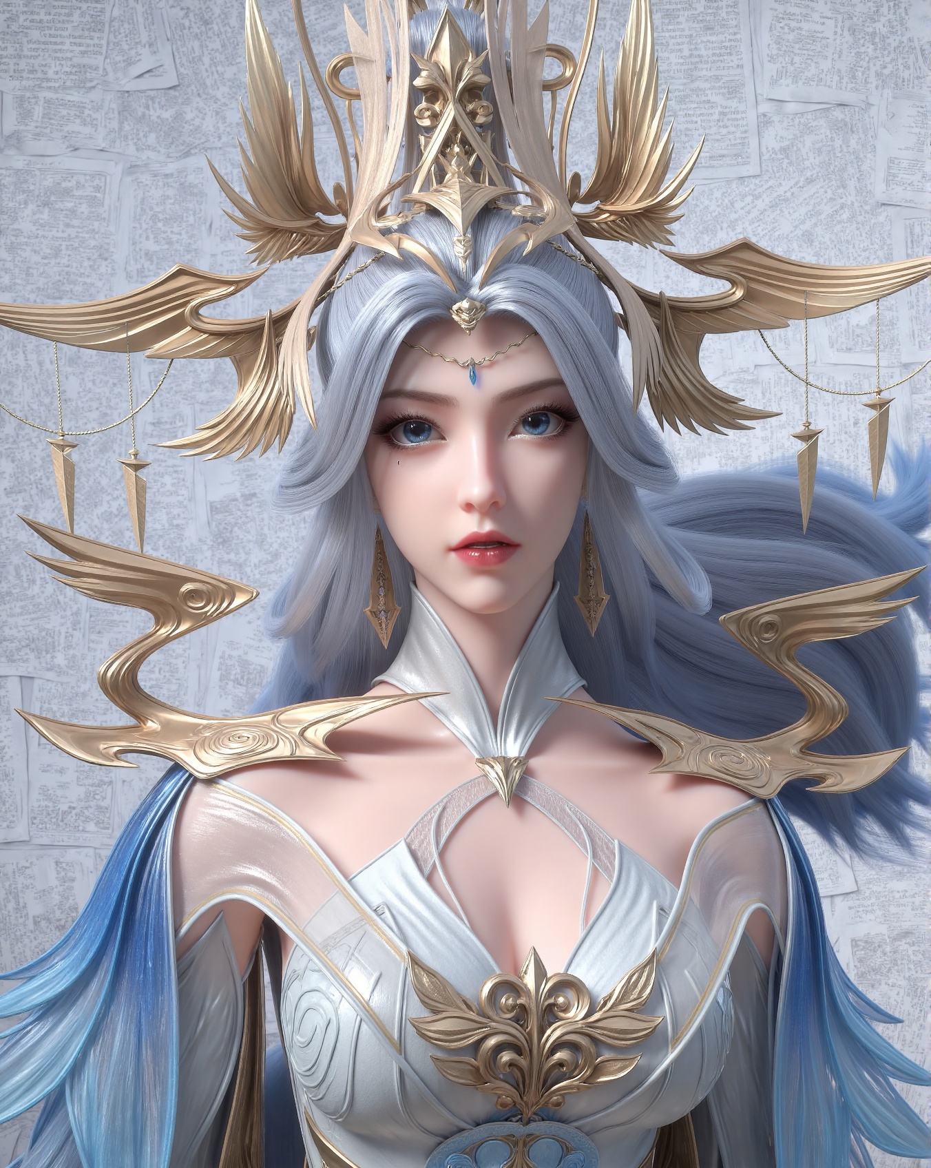 (mature_female),watercolor painting style, masterpiece, realistic, extremely intricate, portrait of a fantasy female character flying in the sky, celestial beauty, mystical aura, long flowing silver-blue gradient hair, bright blue eyes, red lips, delicate facial features, ornate fantasy armor-dress hybrid (white, blue, gold), feather-like extensions, golden details, large complex feathered headdress, intricate earrings, blue gemstone necklace, ethereal atmosphere, cinematic lighting, high detail, 4K ultra HD, digital watercolor texture, vintage newspaper wall background, fantasy art style, elegant and regal presence
