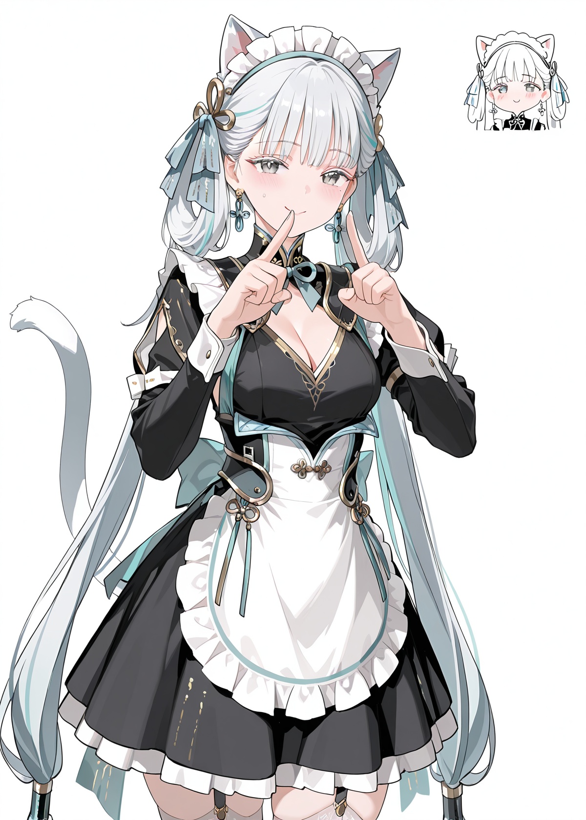 Jinhsi,Jinhsi,Simple Flat Coloring,sketch,line,simple background,white background,1girl,solo,Character front,Tempting smile,Fortune Cat Gestures,breasts,looking_at_viewer,blush,bangs,simple_background,hair_ornament,long_sleeves,white_background,White silk stockings,dress,bow,animal_ears,cleavage,tail,frills,alternate_costume,hairclip,cat_ears,bowtie,mole,apron,black_dress,cat_tail,maid,maid_headdress,white_apron,_under_mouth,maid_apron,enmaided,face detail,masterpiece,best quality,absurdres,very aesthetic,collarbone,masterpiece,best quality,amazing quality,very aesthetic,absurdres,newest,