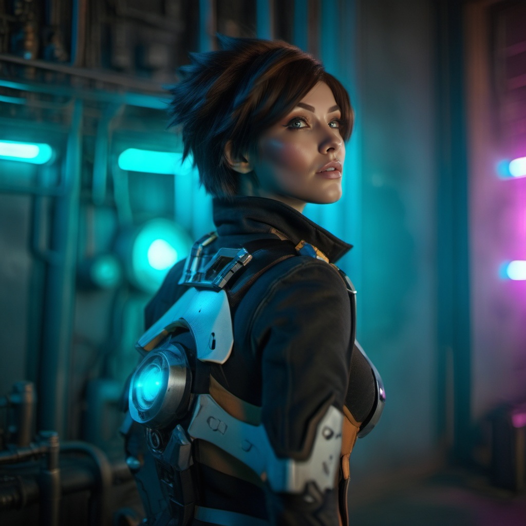 cinematic photo a woman in a futuristic cyberpunk background,  neon lights . 35mm photograph,  film on Tensor.Art