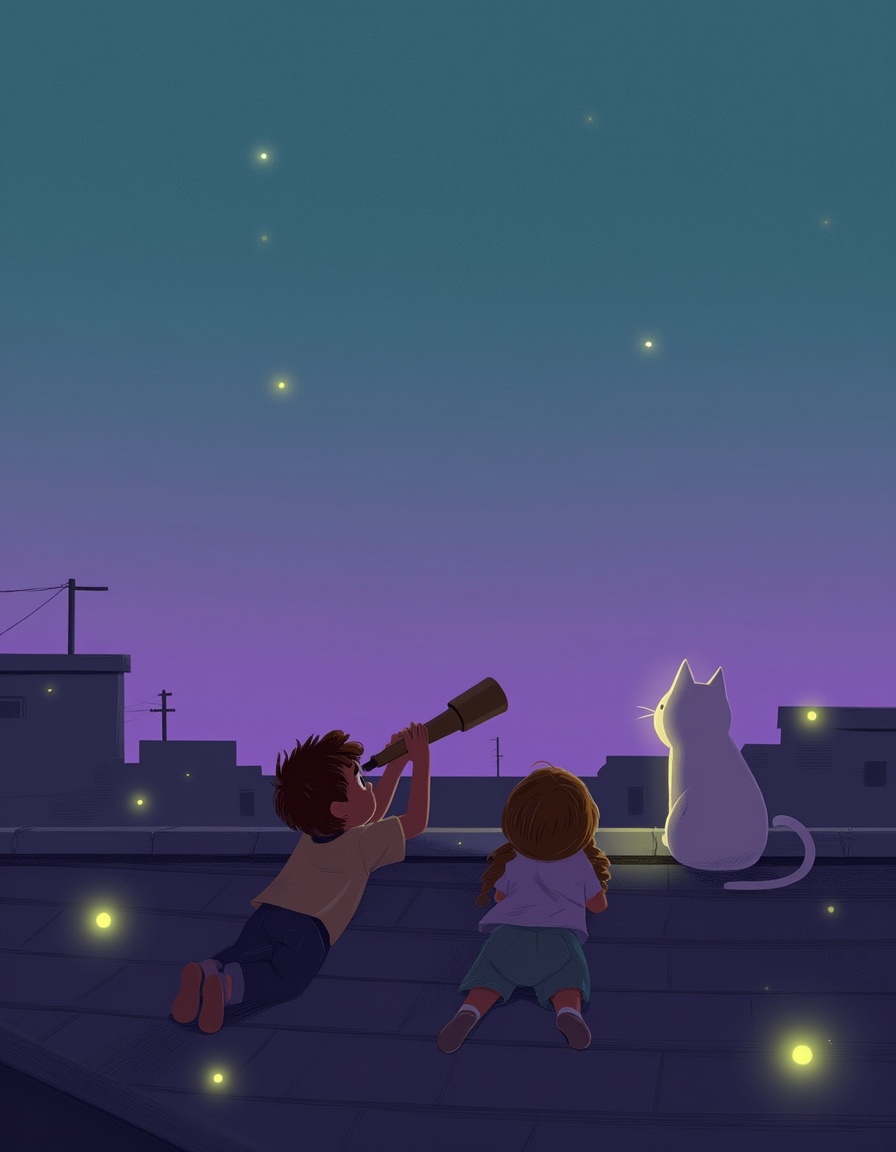"Digital art painting,  calm and dreamy,  two children lying on a rooftop looking at stars with a telescope on Tensor.Art