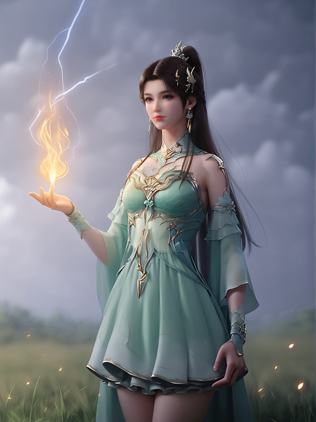 zPDXL3,score_9,score_8_up,score_7_up,source_realistic,rating_safe,<lora:xuner-000006:0.9>,xuner,1girl,solo,closed mouth,ponytail,hair ornament,jewelry,earrings,detached collar,clothing cutout,green dress,holding flame,looking at viewer,cowboy shot,outdoors,grasslands,sky,cloud,((lightning)),sunlight,glowing,depth of field,blurry background,