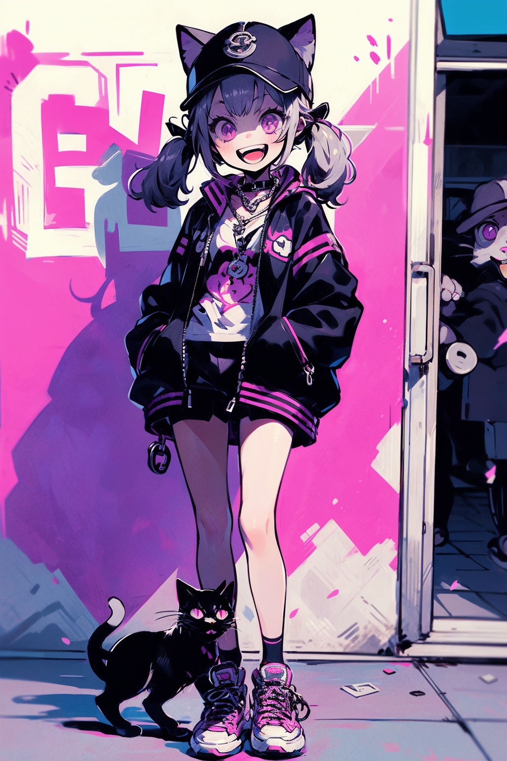 HTTP, 1 girl, cat, hat, chain, smiling, holding, jacket, letterbox, looking at audience, gray hair, pink eyes, twin tails, solo, open mouth, necklace, black jacket, standing, long sleeves, sneakers, purple eyes  <lora:HTTP_20231206170112-000012:1>