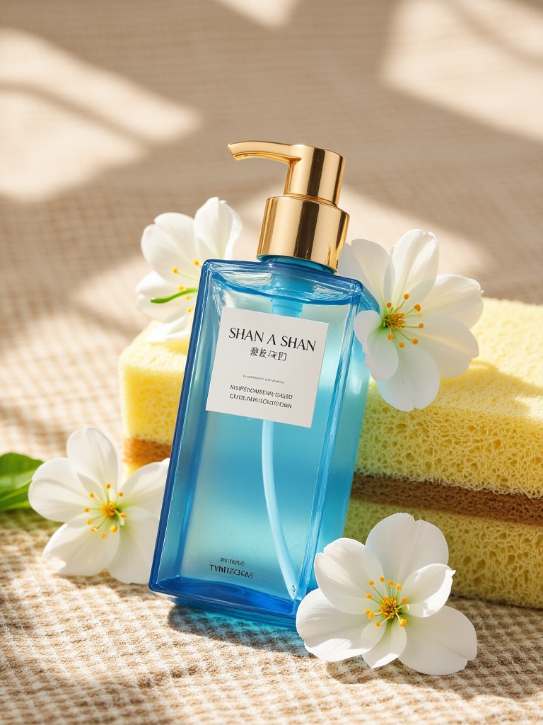 ttmzhsas,a blue plastic bottle with a gold pump, placed on a sponge, surrounded by white flowers. The bottle has a white label with the name "SHAN A SHAN" written in a cursive font. The background is a beige and brown checkered cloth, with a soft, blurred effect. The sponge is placed on the right side of the image, and the flowers are placed on top of it. The lighting is soft and natural, creating a gentle, ethereal atmosphere. The image has a high-quality, professional look.<lora:S-T-电商场景-S1.4:1>