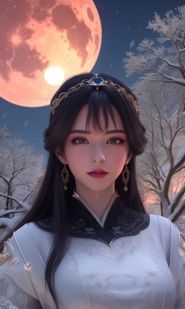 (,1girl, ,best quality, ),looking at viewer, <lora:370-DA-百炼成神-云洛-黑化:0.8>,, ,masterpiece, (( , )),, realistic,science fiction,mole, ultra realistic 8k cg, ,tamari \(flawless\),     ,outdoors, snow, snowing, snow on head, sun,sunset,sunlight,moonlight,full moon, red moon,  crescent moon,  crescent rose,  black rose,       (()), (),