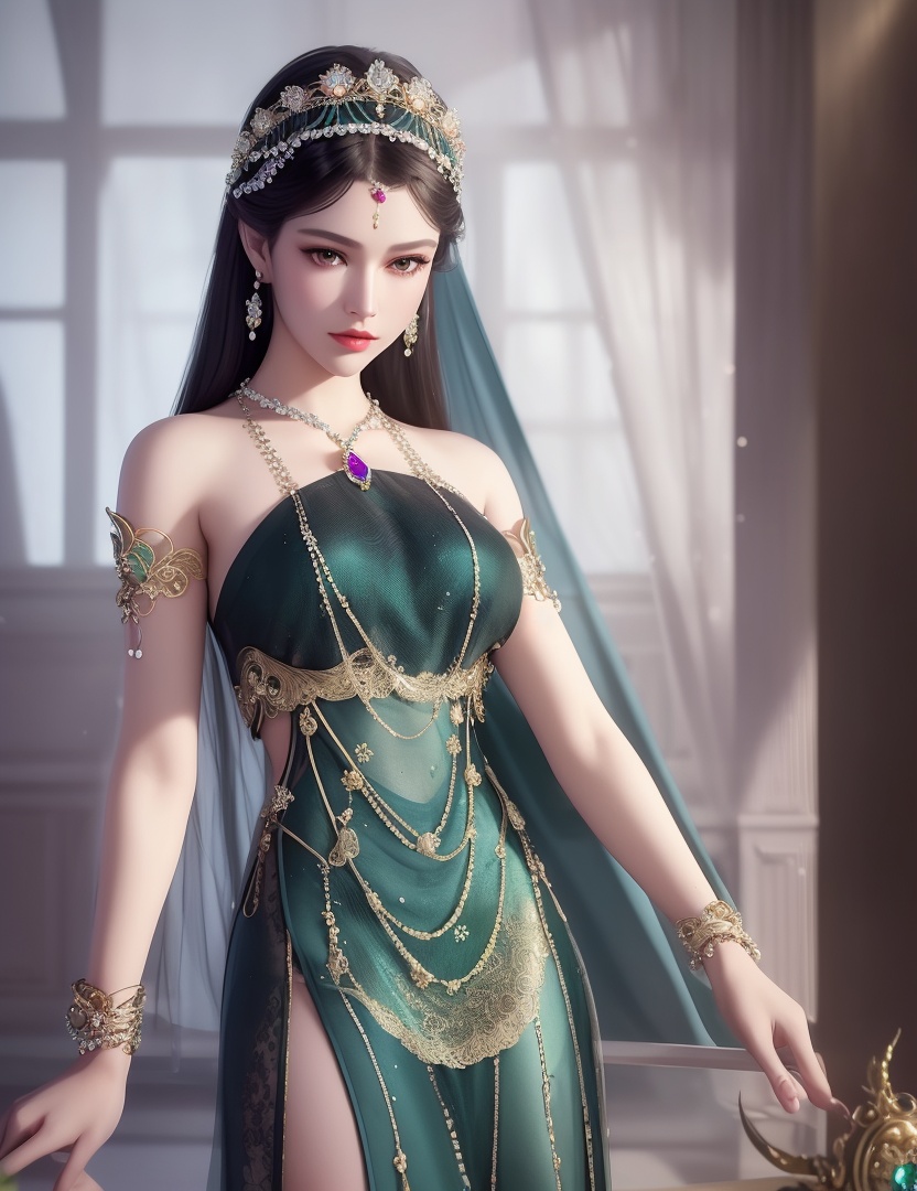ultra realistic 8k cg, picture-perfect face, flawless, clean, masterpiece, professional artwork, famous artwork, cinematic lighting, cinematic bloom, perfect face, beautiful face, fantasy, dreamlike, unreal, science fiction,  beautiful clothes, lace, lace trim, lace-trimmed legwear,  (rich:1.4), prestige, luxury, jewelry, diamond, gold, pearl, gem, sapphire, ruby, emerald, intricate detail, delicate pattern, charming, alluring, seductive, erotic, enchanting, hair ornament, necklace, earrings, bracelet, armlet,halo((,1girl, pov,))(((,  1girl,  solo,looking at viewer, ))),(((1girl, solo, dress, jewelry)))<lora:DA_WhiteSnakeGreenSnake:0.7>