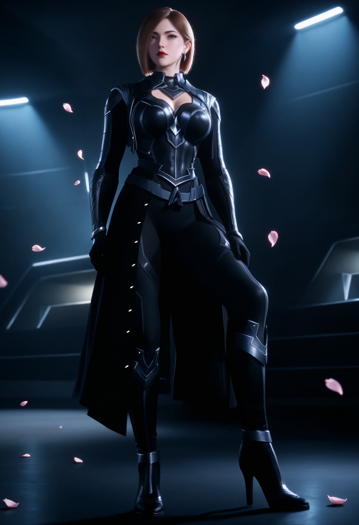 masterpiece,best quality,amazing quality,very aesthetic,high resolution,ultra-detailed,absurdres,scenery,photorealistic,(looking at viewer:1.1),(Dark room:1.3),(moody lighting:1.1),peach blossom,falling petals,(large breasts:0.8),jiangfang,1girl,solo,brown hair,short hair,armor,jewelry,earrings,realistic,grey eyes,cleavage cutout,bodysuit,clothing cutout,red lips,high_heel_boots BREAK photorealistic details,<lora:QQSilljiangfangV1:0.8>,