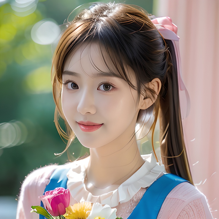 1girl,moyou,double ponytail,twintails,heart hair ornament,Ultra-realistic 8k CG,masterpiece,best quality,(photorealistic:1.4),HDR,absurdres,Professional,RAW photo,lens flare,(film grain:1.1),Bokeh,((Depth of field)),studio light,a woman in a pink dress holding a bouquet of flowers in front of a mirror and a pink background,1girl,blonde_hair,bouquet,flower,lips,long_hair,looking_at_viewer,pink_dress,smile,solo,Highly detailed,Professional,extreme detail description; <lora:20231116-1700127800900:0.8>