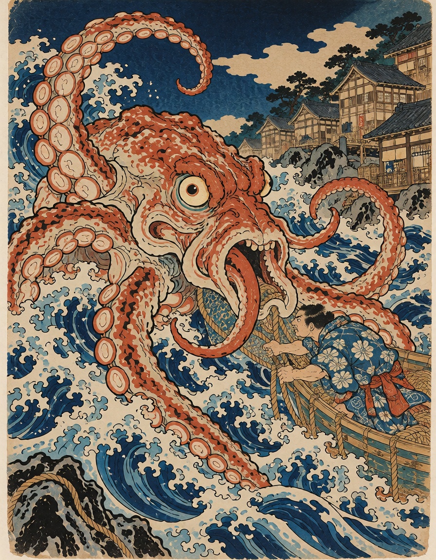 giant octopus emerging from turbulent coastal waters beside a fishing village,  fishermen struggling with ropes and nets,...