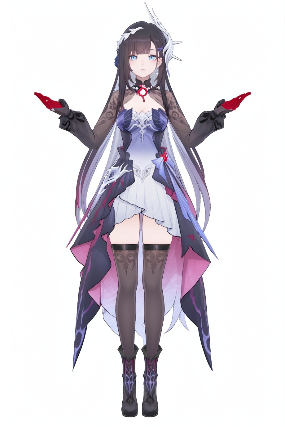 8k,best quality,masterpiece,(ultra-detailed),(high detailed skin),(by nanoless, by misumi \(macaroni\),:0.5),A full-body portrait of a young girl,standing gracefully,pastel art style,high-key lighting,shoujo manga influence,hd quality,delicate details,full body,full shot,standing,looking at viewer,(solo:1.2),simple background,(white background:1.2),<lora:Cerydra-Hysilens-sd-Tanger:0.8>,Hysilens \(Honkai: Star Rail\),silver face scale,1girl,long hair,blue eyes,black hair,Hysilensdef hair ornament,bangs,breasts,clothes: Hysilensdef white-and-black dress,Hysilensdef thighhighs,Hysilensdef mismatched gloves,long sleeves,torn thighhighs,black left glove,red right glove,