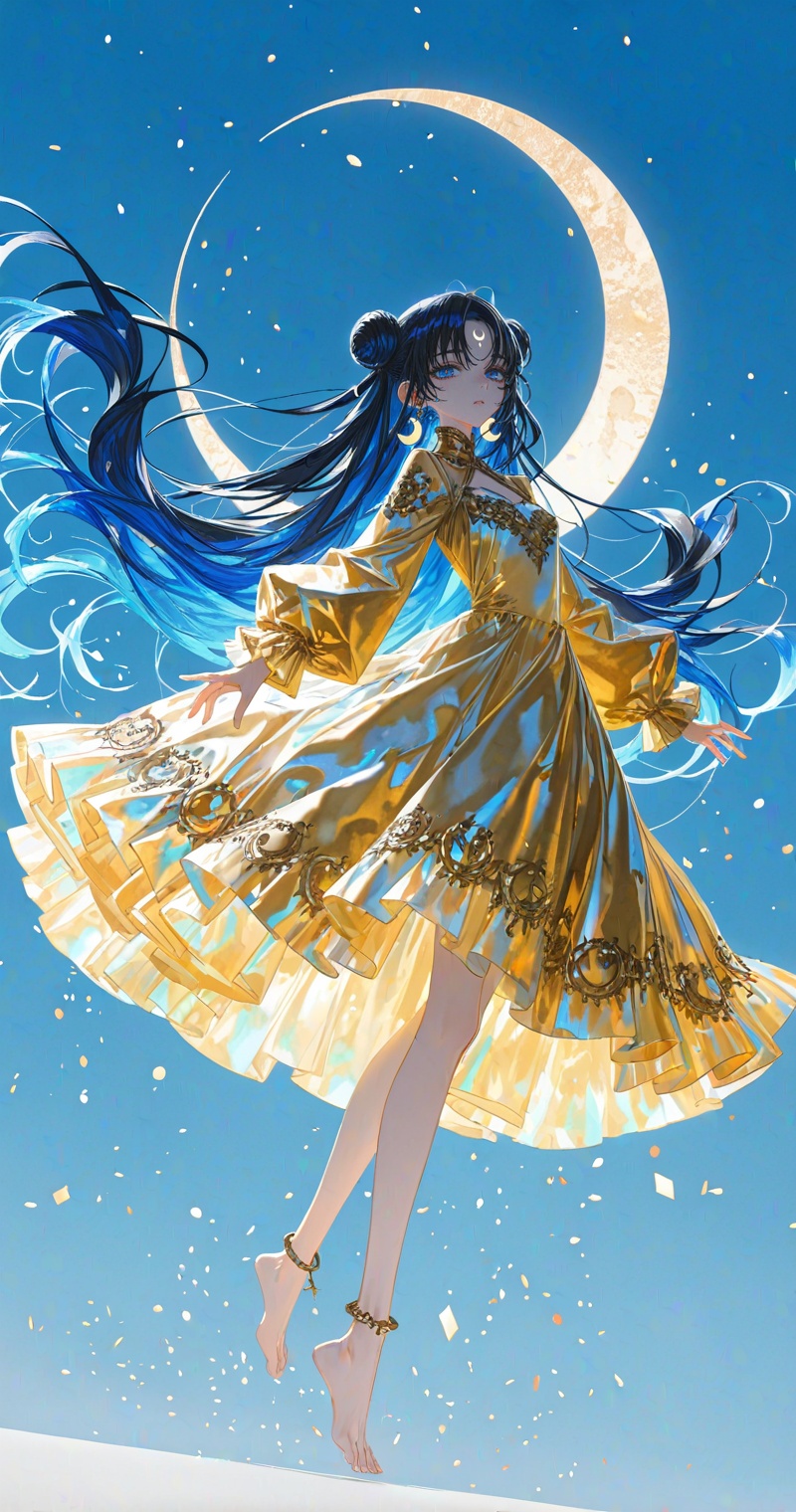 1girl,solo,long hair,crescent,facial mark,crescent facial mark,dress,barefoot,double bun,jewelry,hair bun,blue eyes,forehead mark,yellow dress,black hair,looking at viewer,blue hair,very long hair,anklet,crescent earrings,blue background,close-up details,outstanding style,adding a touch of dimension to your images without compromising details,whirls of vapor,iridescent textures,(Anime:1.1),ethereal ambiance,delicate details,magical high-concept,32K UHD,sharp focus,best-quality,masterpiece,golden hour,unconventional supreme masterpiece,masterful details,temperate atmosphere,with a high-end texture,in the style of fashion photography,photography,cover,dynamic angle,dynamic posture,(artist:quasarcake:0.8),extreme aesthetic,(wlop:0.6),(honjou raita, lack, rella:0.5, wanke),masterpiece,best quality,good quality,very aesthetic,absurdres,visual impact,a shot with tension,ultra-high resolution,32K UHD,sharp focus,best-quality,masterpiece,emotionalization,unconventional supreme masterpiece,masterful details,temperate atmosphere,with a high-end texture,in the style of fashion photography,(visual impact:1.2),giving the poster a dynamic and visually striking appearance,impactful picture,official art,colorful,splash of color,movie perspective,masterpiece,best quality,amazing quality,very aesthetic,absurdres,best quality,newest,