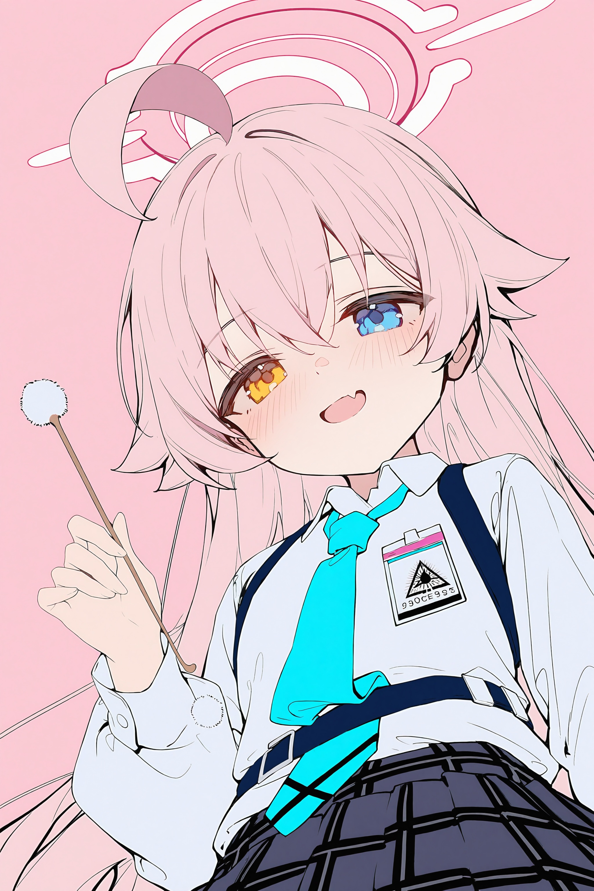 <lora:nai4.5zhengliu-ckxl0.2_v2:1>,high resolution,aesthetic,excellent,medium resolution,newest,year 2025,1girl,hoshino \(blue archive\),heterochromia,solo,mimikaki,shirt,necktie,halo,ahoge,pink hair,white shirt,yellow eyes,skirt,blue eyes,fang,pink background,blue necktie,skin fang,pink halo,open mouth,harness,blush,long hair,chest harness,looking at viewer,hair between eyes,pleated skirt,plaid skirt,smile,simple background,collared shirt,plaid,long sleeves,id card,black skirt,holding,aqua necktie,huge ahoge,from below,grey skirt,