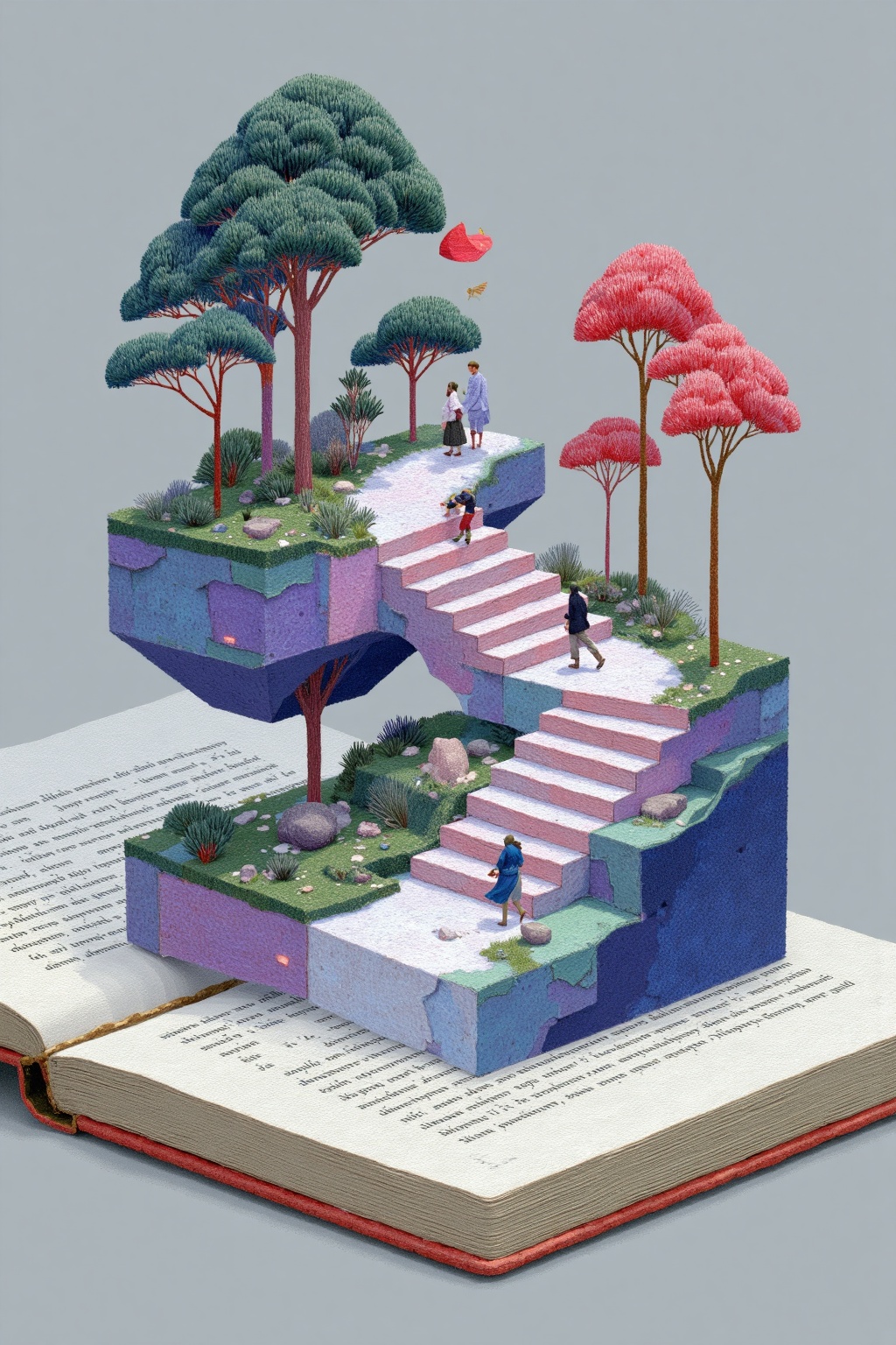 beijihui,a detailed illustration of a book is displayed on a gray surface. The book is adorned with a vibrant red border, adding a pop of color to the scene. The illustration depicts a tree, a staircase, and two people walking on a pathway. The staircase leads to a cliff, with the trees on either side of the staircase. The trees are arranged in a geometric pattern, adding depth and dimension to the composition. The background is a soft gray, adding to the overall composition.