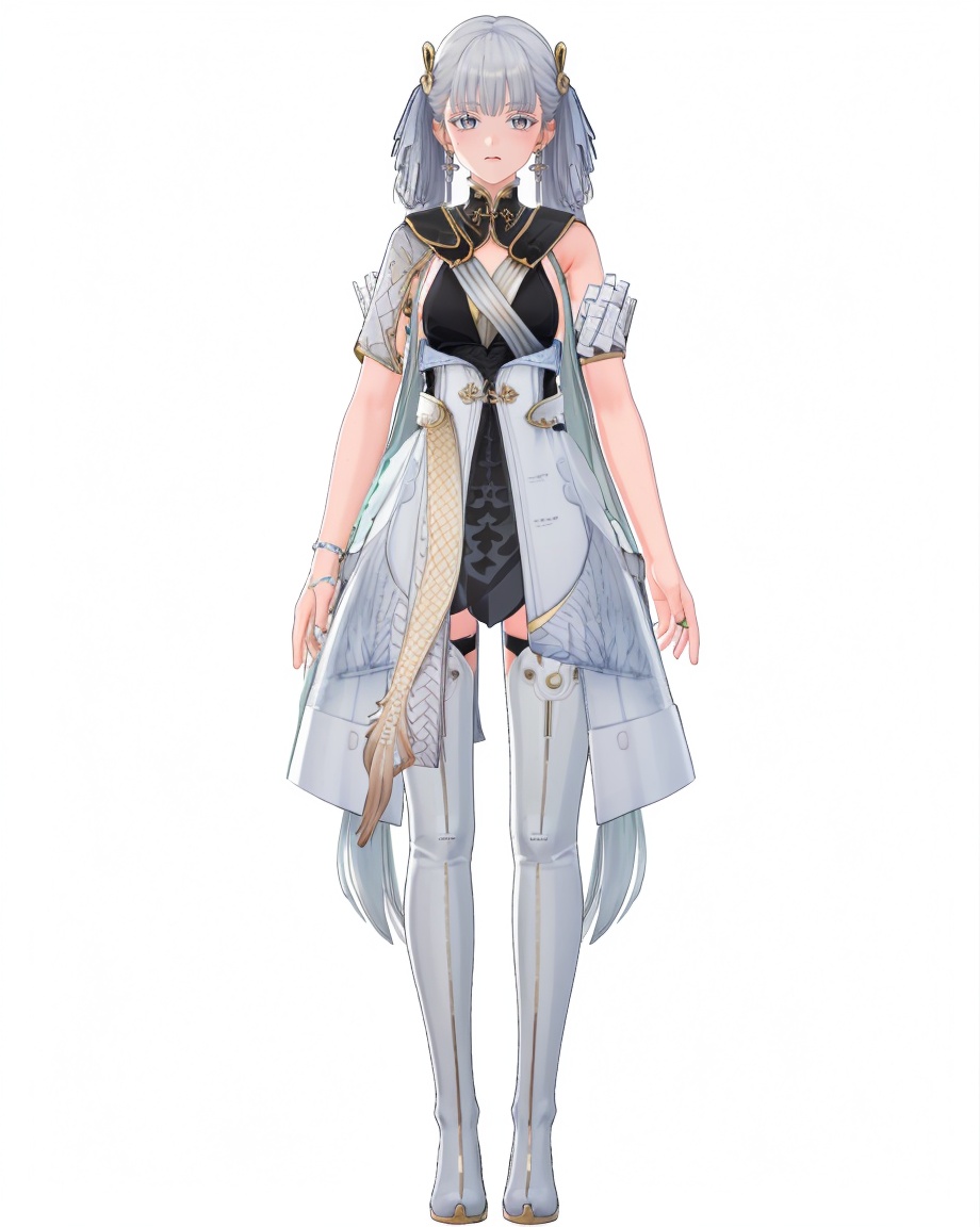8k,best quality,masterpiece,(ultra-detailed),(high detailed skin),(by nanoless, by misumi \(macaroni\),:0.5),A full-body portrait of a young girl,standing gracefully,pastel art style,high-key lighting,shoujo manga influence,hd quality,delicate details,full body,full shot,standing,looking at viewer,(solo:1.2),simple background,white background,<lora:jxnew-sd-Tanger:0.8>,jinhsi, jinhsi \(wuthering waves\), clothes:def white dress, 1girl, jewelry, long hair, thigh boots, default clothes