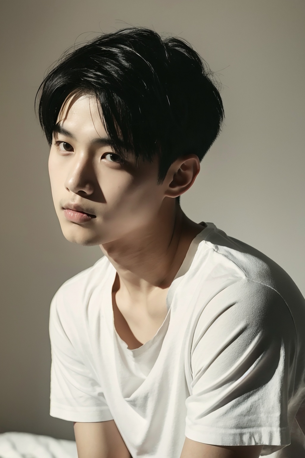 1boy,asians,Camera film style,a young individual, possibly male, with short black hair, gazing intently to the side. He wears a plain white t-shirt and is set against a muted background, possibly a bedroom or a quiet indoor setting. The lighting is soft, casting subtle shadows and highlighting the contours of his face, masterpiece,best quality,