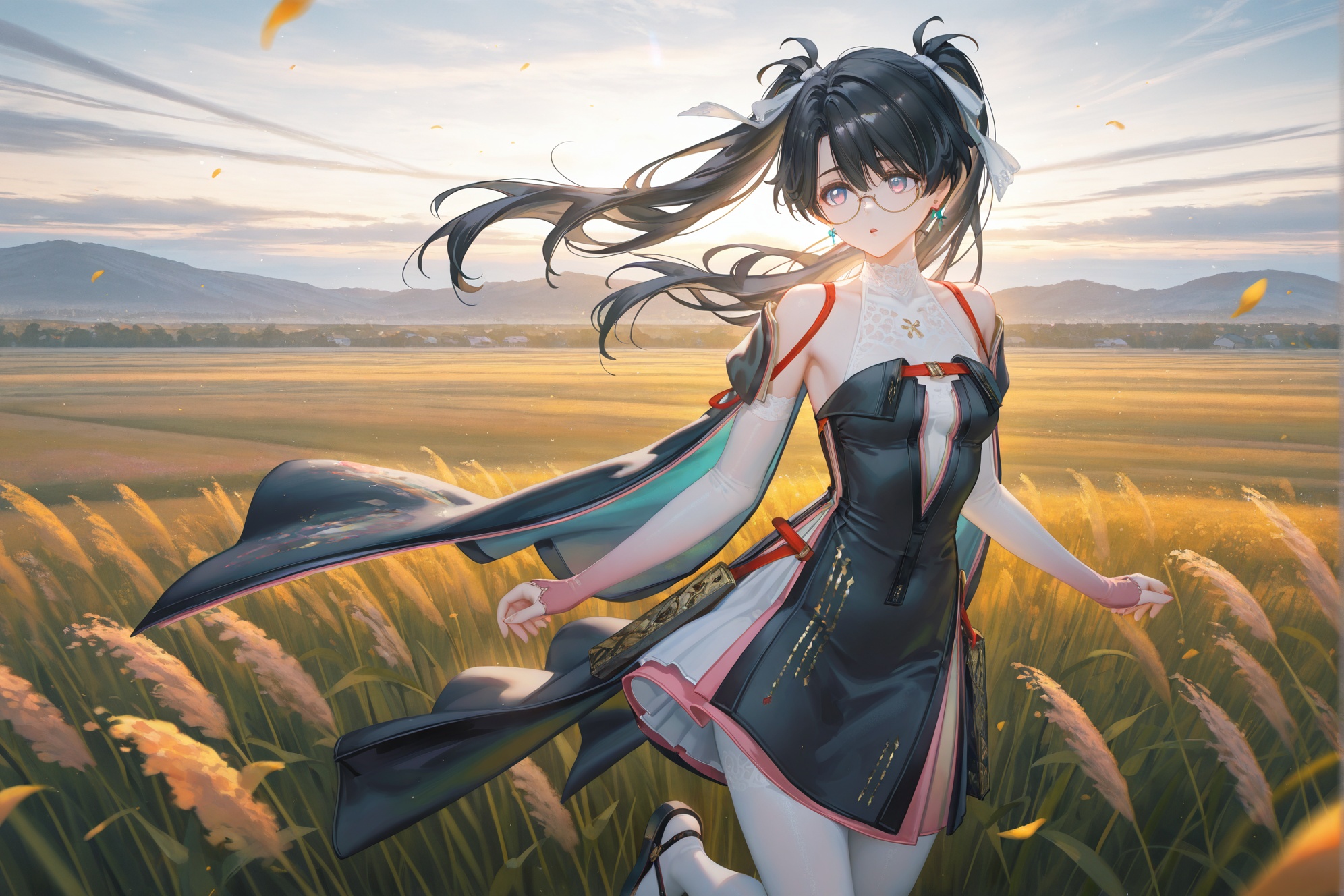 8k,best quality,masterpiece,(ultra-detailed),(high detailed skin),((artist:reoen), (artist:torino_aqua),year 2024:0.8)1girl,[artist:wlop],[artist:ningen_mame],artist:ciloranko,[[artist:rhasta]],artist:tidsean,artist:iumu,artist:nyarko,wind,solo,She leaned into the wind and stopping herself from blowing any further across the field,swept bangs,side hair flap,{{hair between eyes}},linear hatching,upper body,open field,sandals,best quality,amazing quality,very aesthetic,absurdres,close-up,looking to the side,<lora:zhezhi-ill-Tanger:0.8>,zhezhi,default clothes,white pantyhose,1girl,long hair,black hair,glasses,twintails,dress,black footwear,