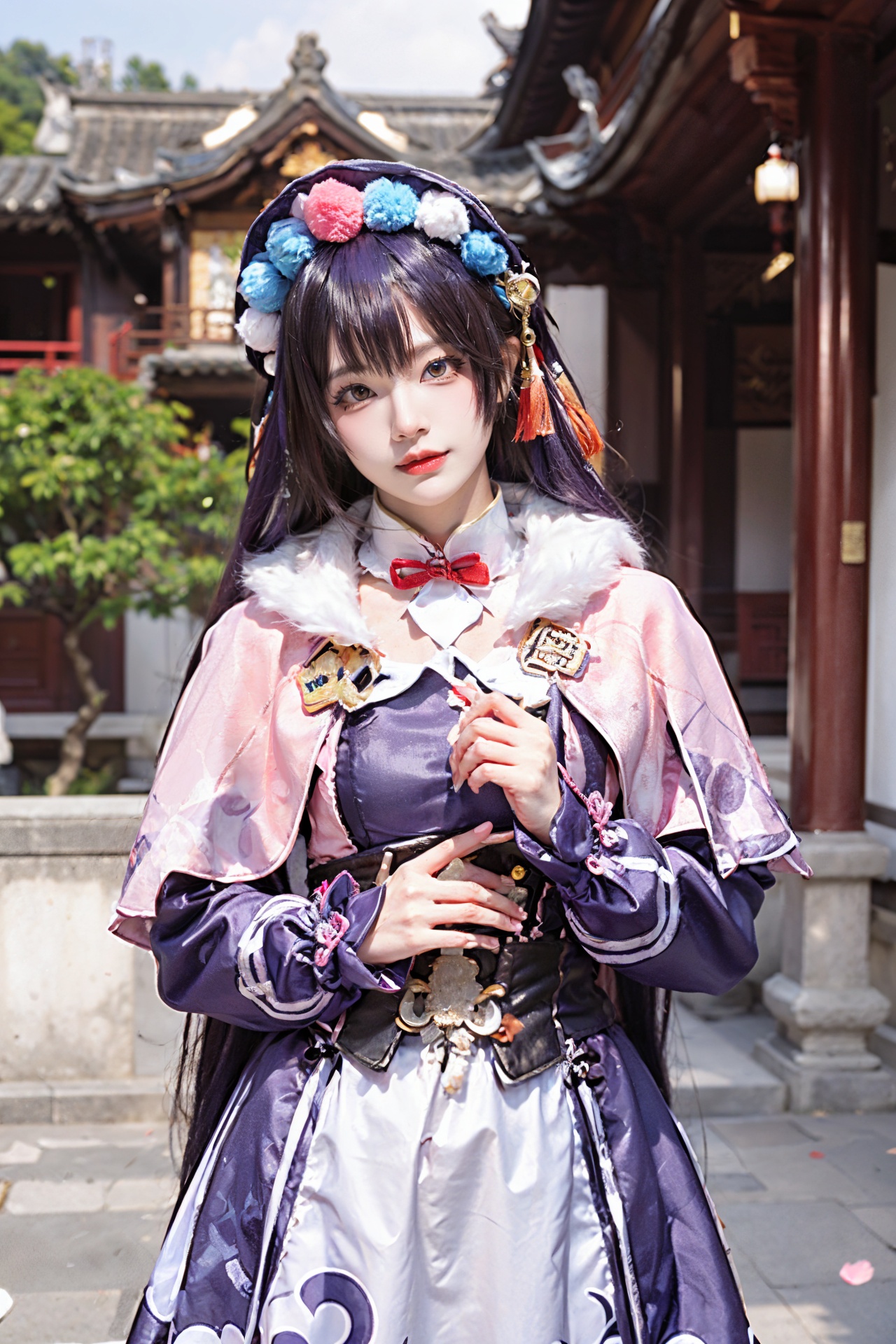 Yunjin, hair ornament, bonnet, purple dress, Pom-poms, knotting, black belt, red tassel, fur collar, pink capelet, purple hair, 1girl, solo, bangs, blunt bangs, closed eyes, black corset, long sleeves, capelet, long hair, blurry, corset, dress, facing viewer, architecture, multicolored headwear, east asian architecture, blurry background, fur trim, makeup,<lora:Yunjin:0.7>,