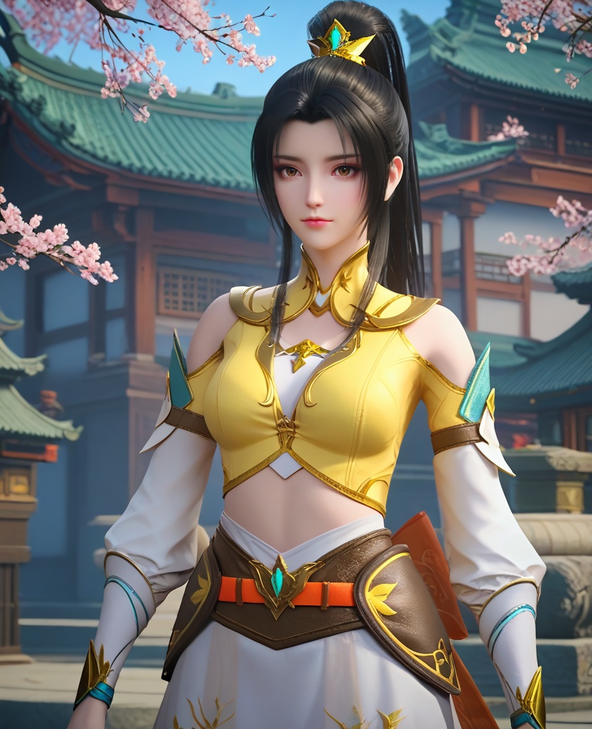 (oriental architecture, elegant decor, sophisticated style:1.1),leaning against the wall,(breasts:1.2),<lora:XL16大主宰叶轻灵:0.95>,miss yeqingling,yellow crop top,brown eyes,black hair,long hair,high ponytail paired with front strands,hair ornament,white miniskirt,sash,bracer,white boots,bow,shoulder cutout,, zPDXL2, score_9, score_8_up, score_7_up BREAK realistic, masterpiece,best quality, highly detailed,, zPDXL3, zPDXL2,zPDXL, zPDXLxxx, zPDXLrl,