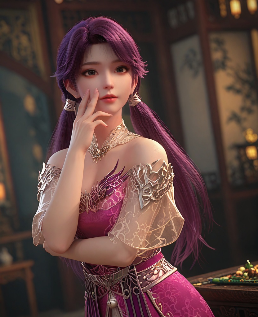 (oriental architecture, elegant decor, sophisticated style:1.1),(Hands on the face, peeking through fingers,:1.1),(breasts:1.2),<lora:XL百炼成神罗嫣:0.95>,miss luoyan,long hair,purple hair,dress,low twintails,twintails,detached collar,bare shoulders,lips,jewelry,pink dress,eyelashes,teeth,, zPDXL2, score_9, score_8_up, score_7_up BREAK realistic, masterpiece,best quality, highly detailed,, zPDXL3, zPDXL2,zPDXL, zPDXLxxx, zPDXLrl,