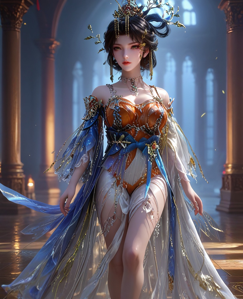 (running:1.1),(large breasts:1.2),<lora:XL16云深不知梦羲和淬火令:0.95>,miss xihe,orange gown with white tulle skirt,yellow eyes,black hair,looped bun with tresses,hair ornament,jewelry,necklace,makeup,, score_9,score_8_up,score_7_up,score_6_up,score_5_up,score_4_up,3d rendering,tag1,tag2, Cinematic Lighting,backlighting,